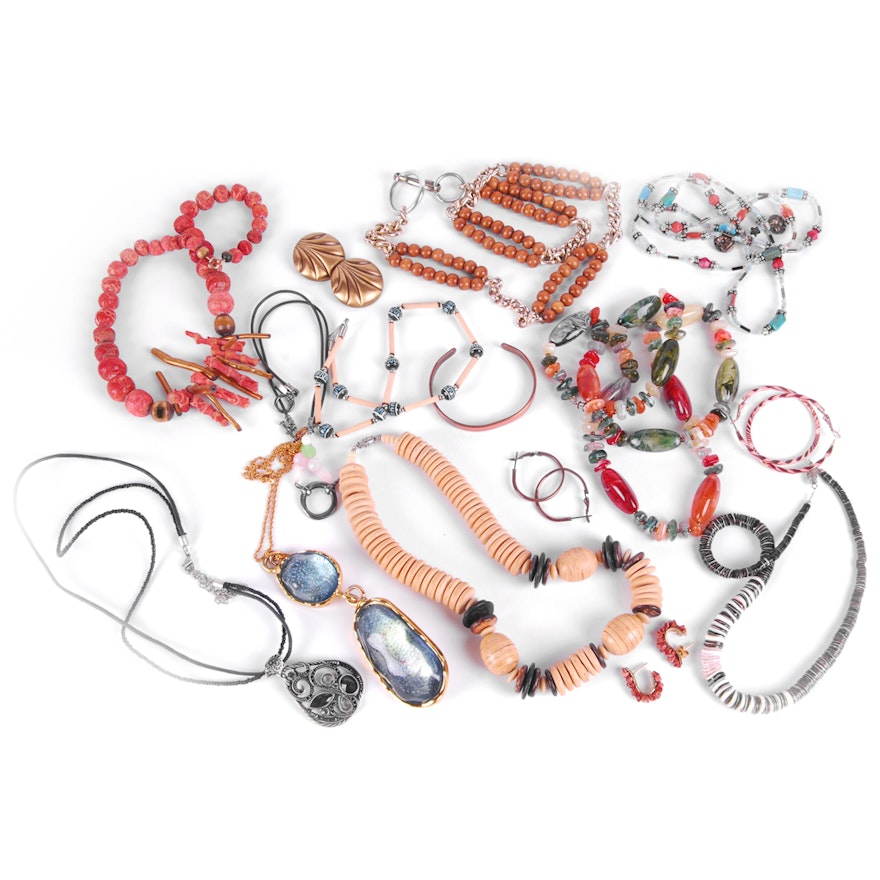 Colorful Beaded Costume Jewelry Assortment Including Sponge Coral