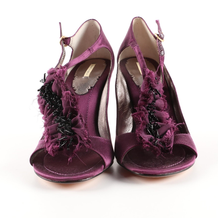 Max Studio Plum Silk Ruffle High Heels Embellished with Black Beads