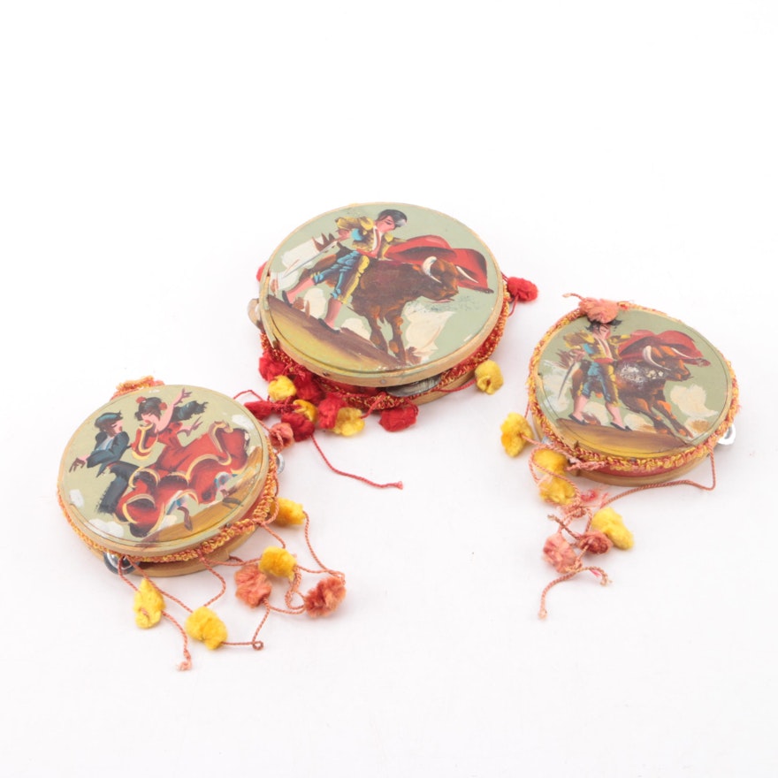 Hand Painted Bullfighter and Flamenco Themed Tambourines With Hide Heads
