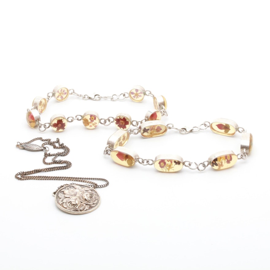 Sterling Silver Embedded Flower Bracelets and Pendant Necklace