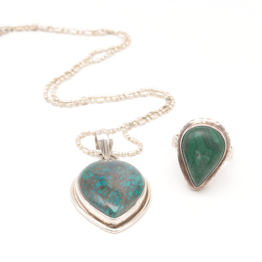 Sterling Silver Eilat and Malachite Ring and Necklace