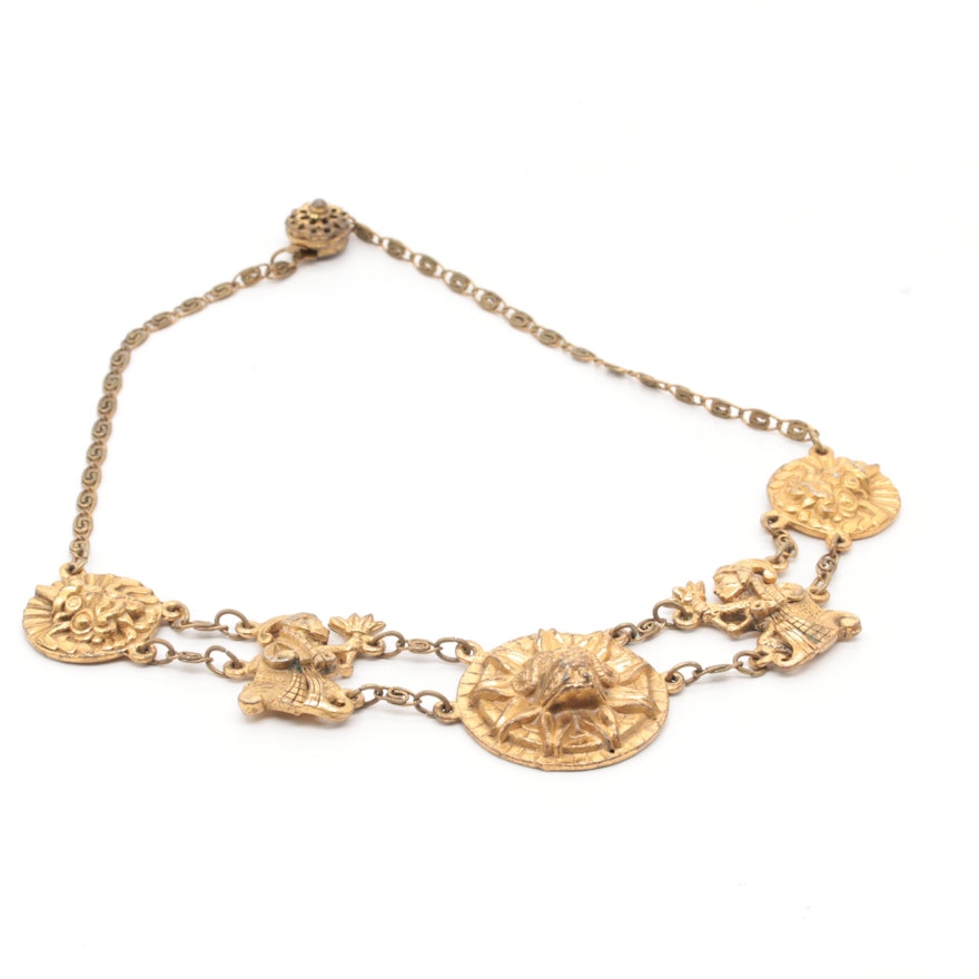 Gold Tone Peruvian Mesoamerican Themed Pendant Necklace