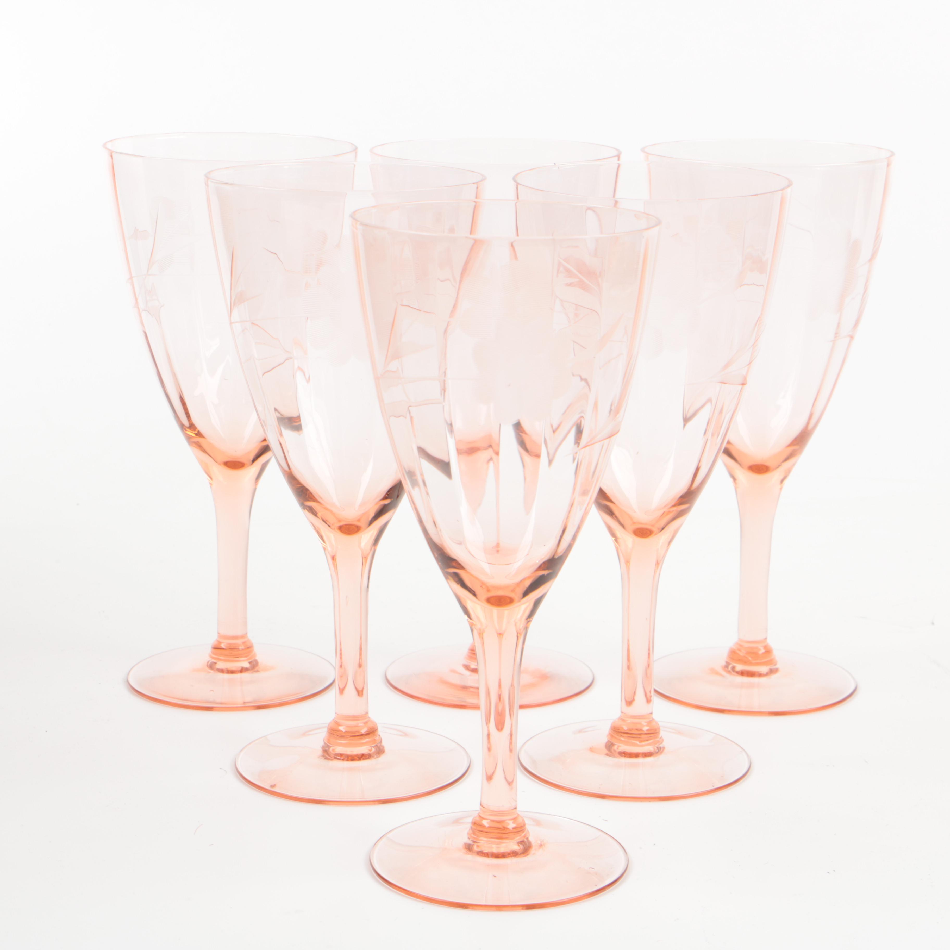 Floral Etched Pink Depression Glass Stemware
