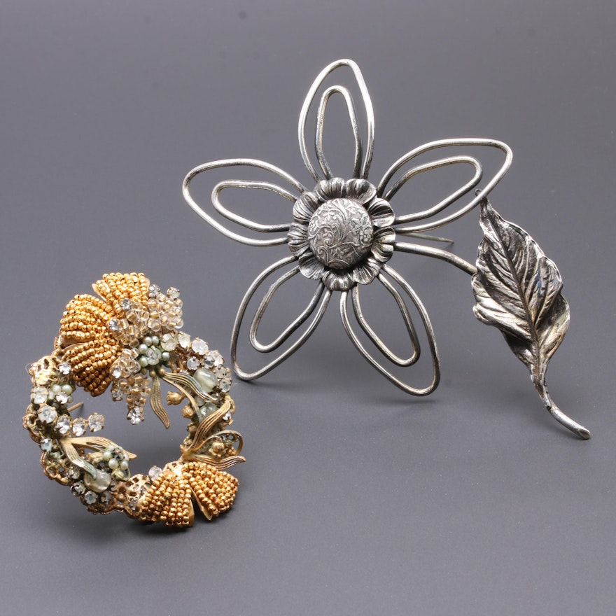 1950s Original by Robert Imitation Pearl and Joseff of Hollywood Floral Brooches