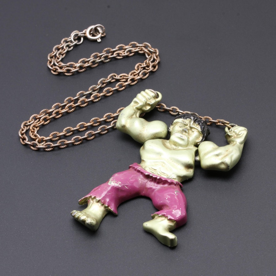 1970s Incredible Hulk Enamel Pendant Necklace