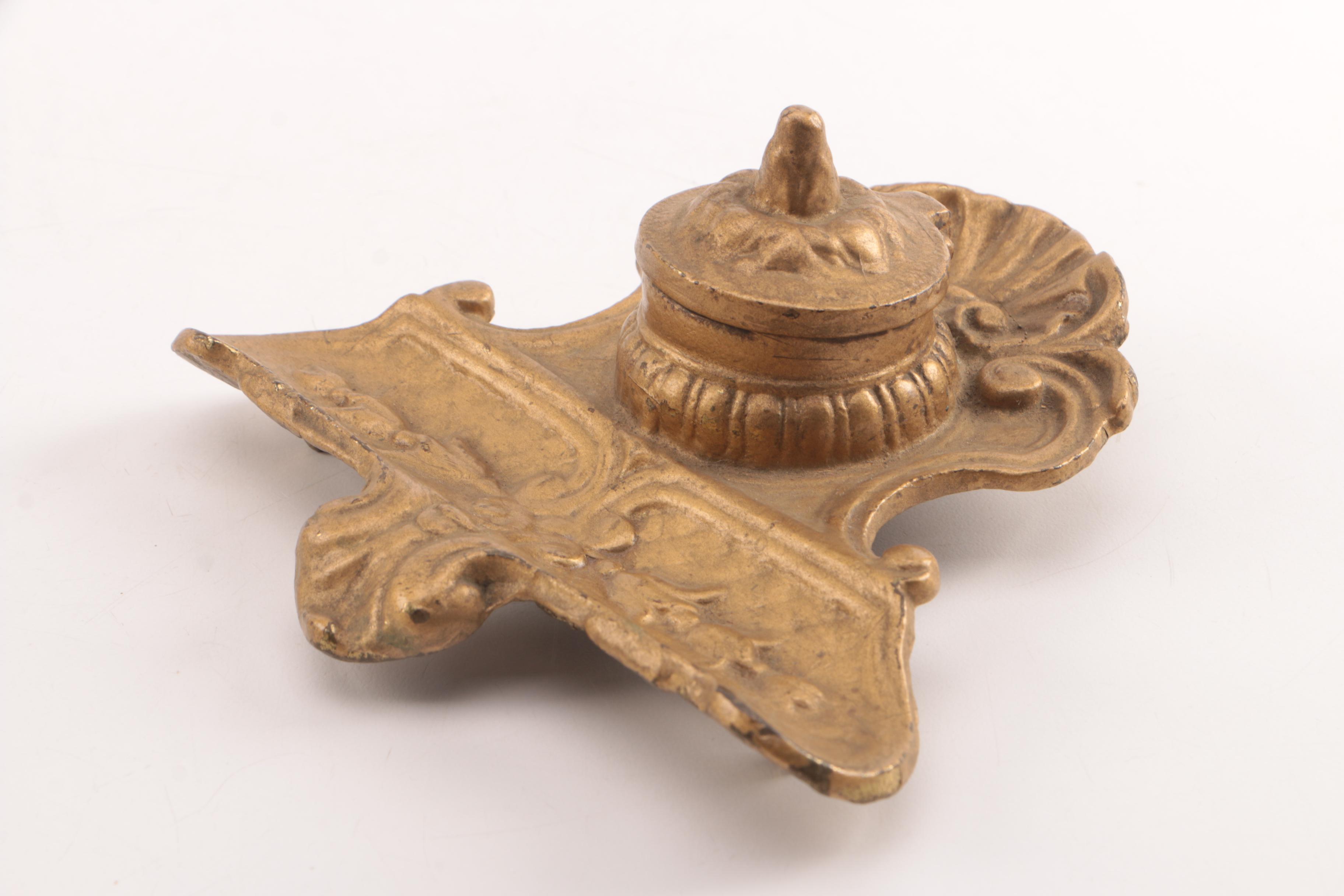 Vintage Brass Inkwells and Desk Tray