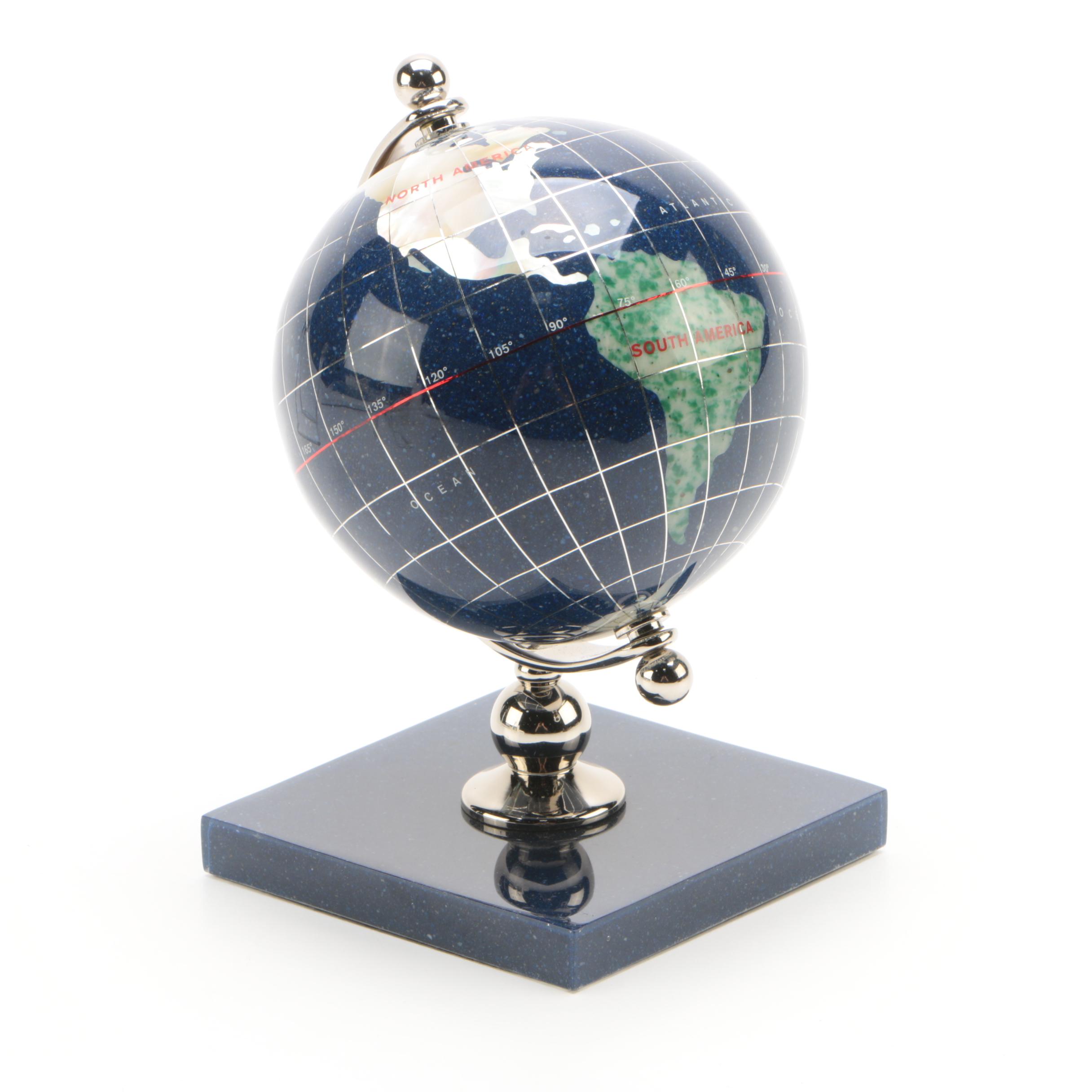 Inlaid Mother of Pearl, Abalone, and Semi-Precious Stone Plastic Globe