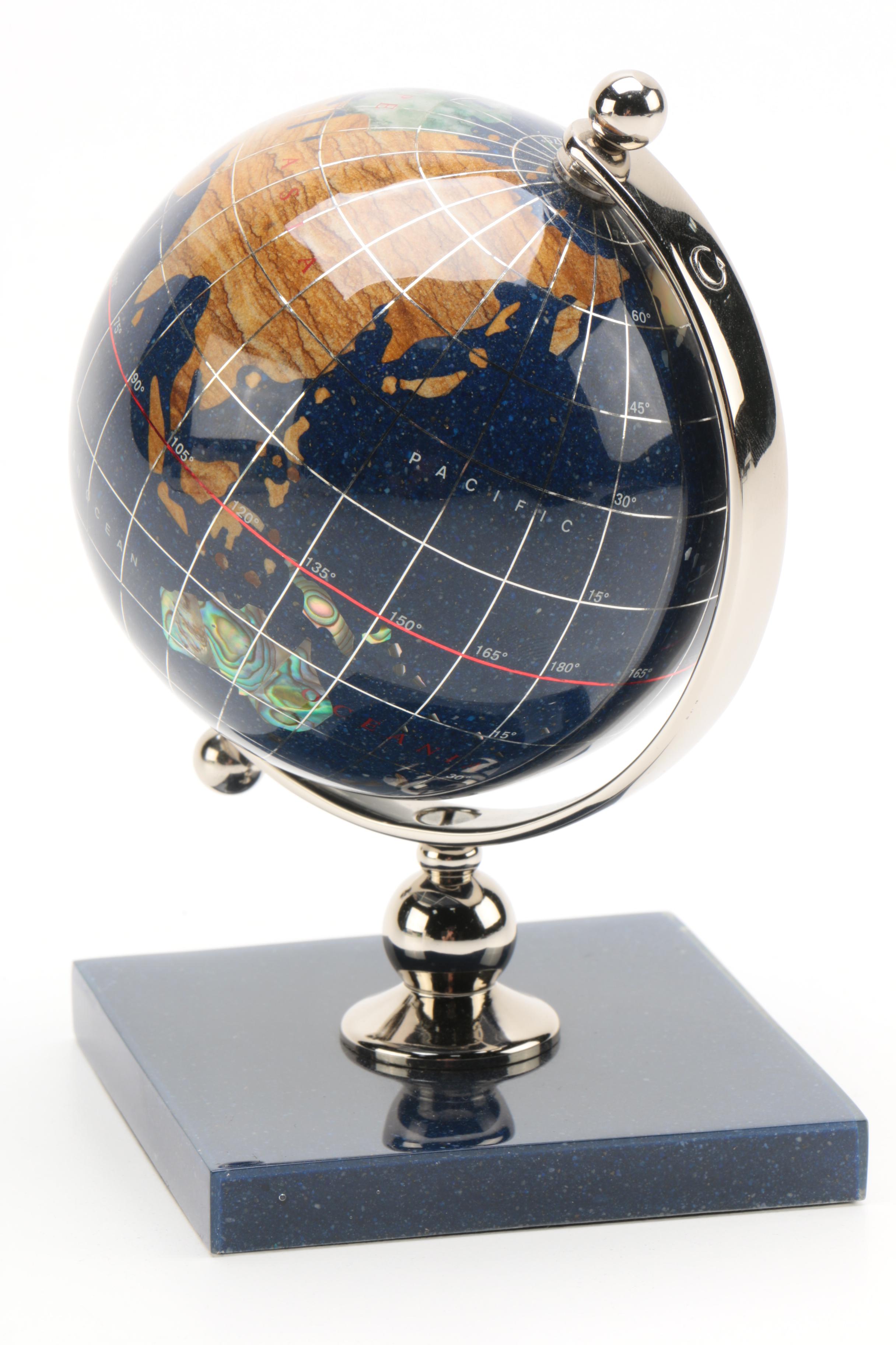 Inlaid Mother of Pearl, Abalone, and Semi-Precious Stone Plastic Globe