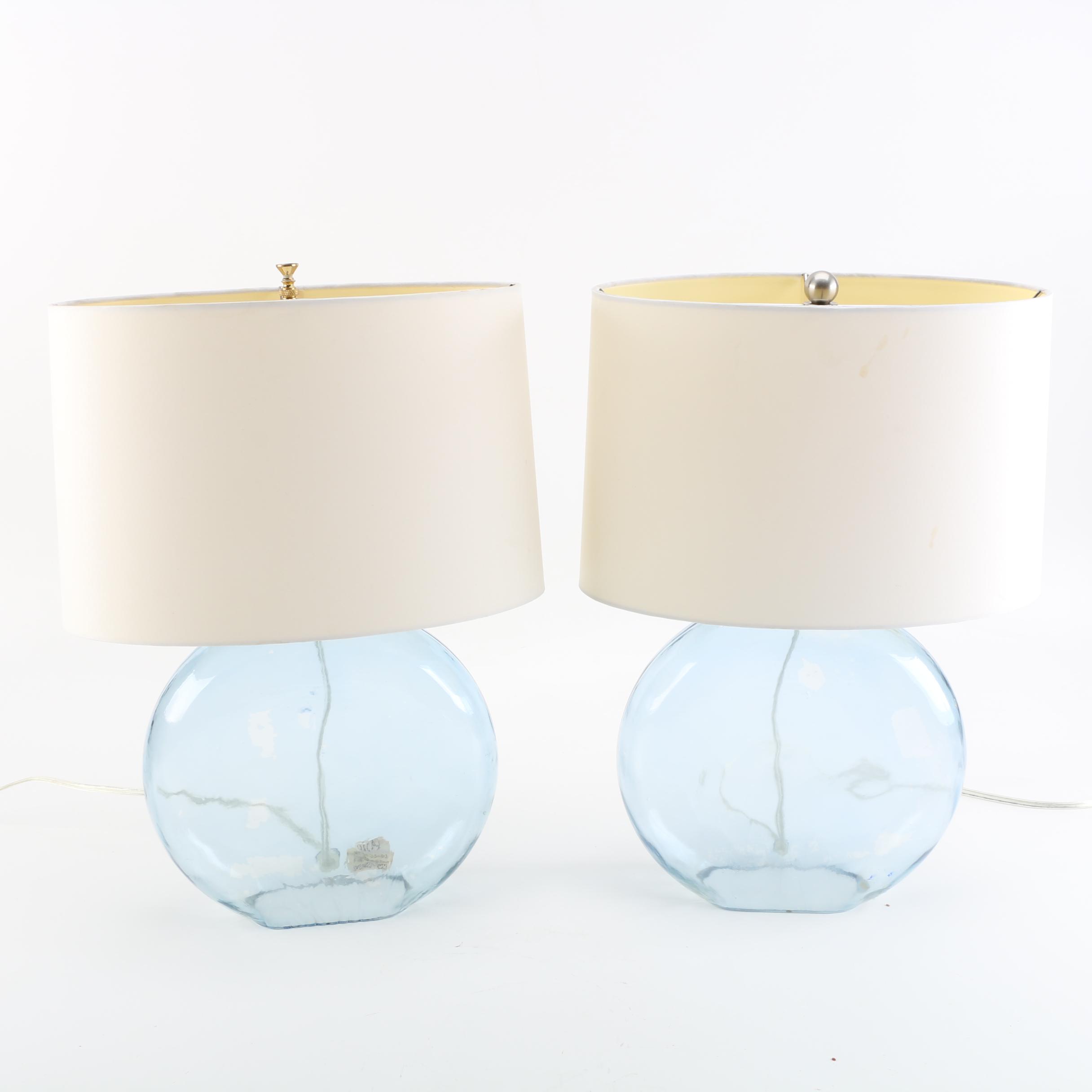 Pale Aqua Glass Lamps with Shades