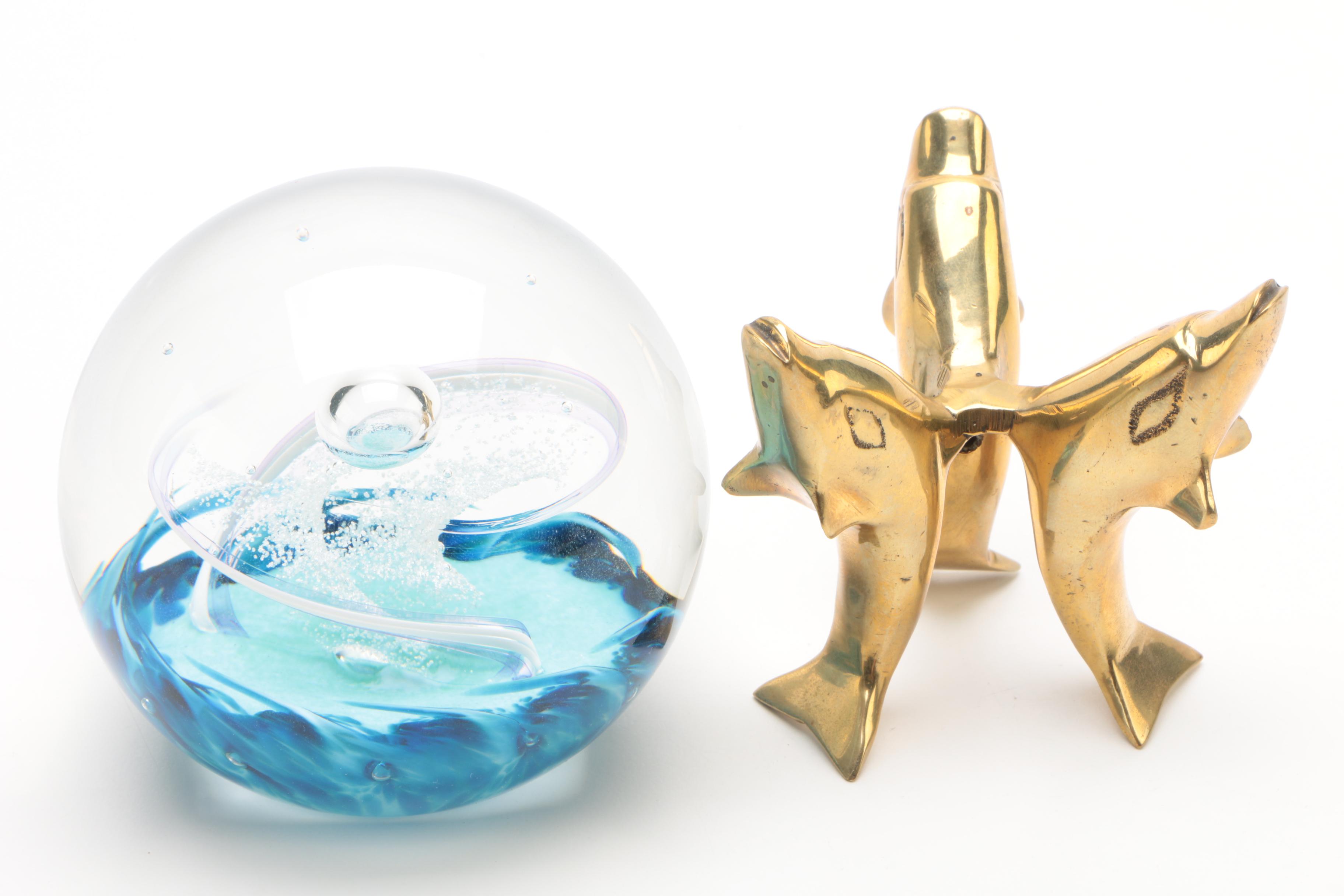 Selkirk Glass Orb Paperweight and Brass Dolphin Stand