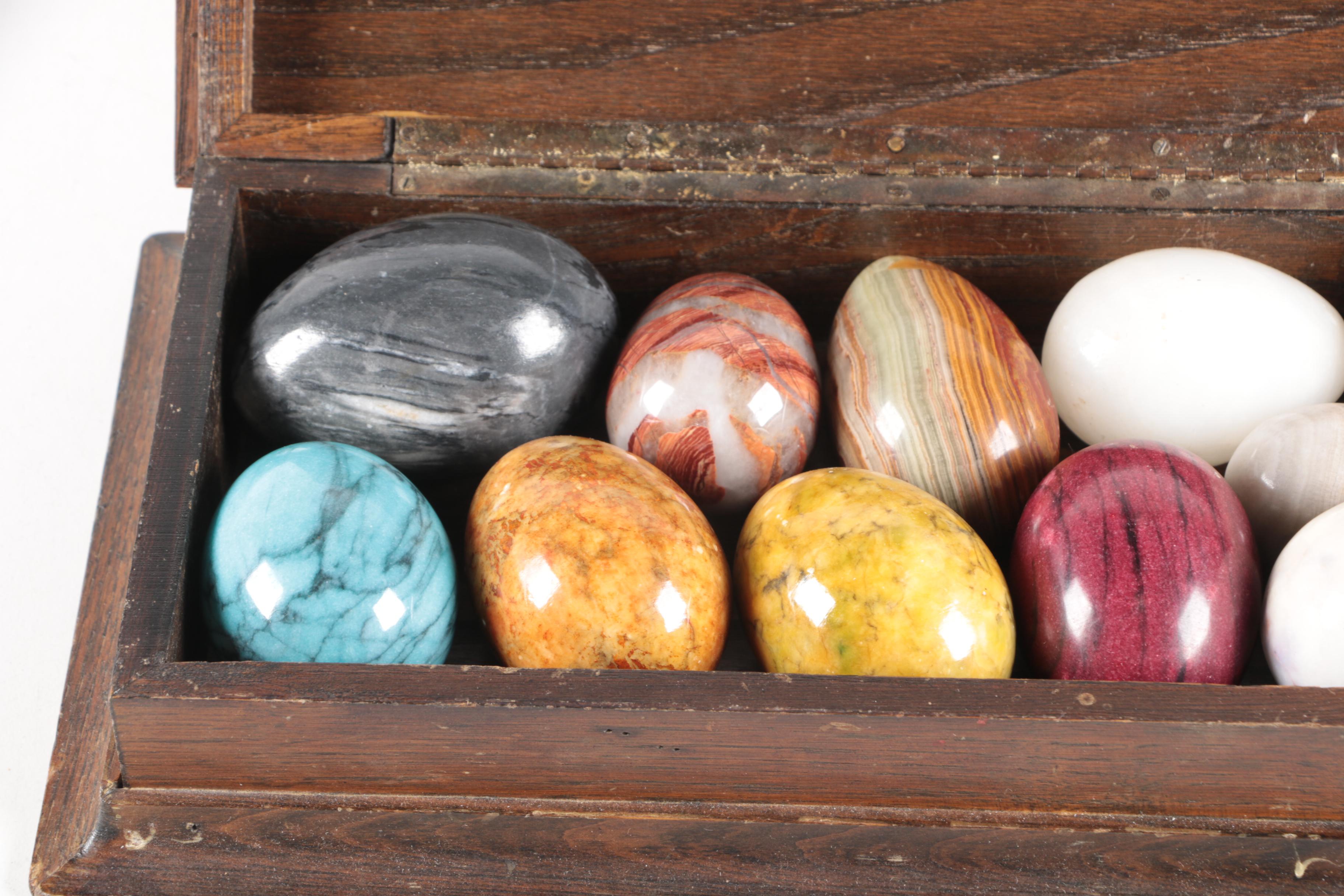 Polished Mineral Eggs With Oak and Wicker Box