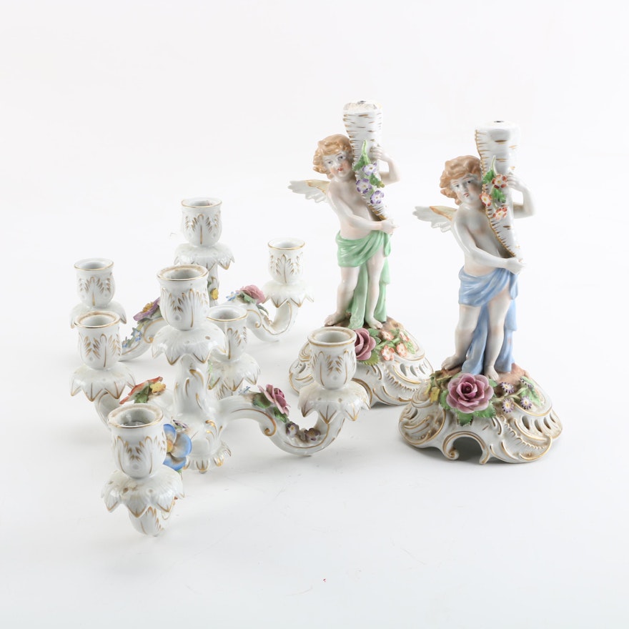 Von Schierholz Hand-Painted Porcelain Figurative Candelabras