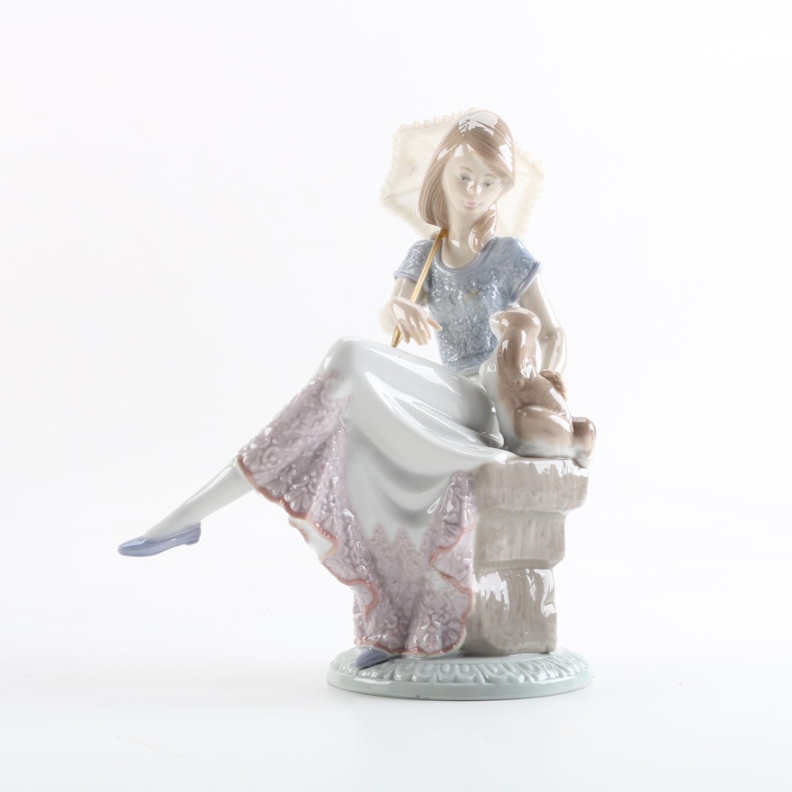 Porcelain Lladro "Woman with Parasol and Dog" Figurine
