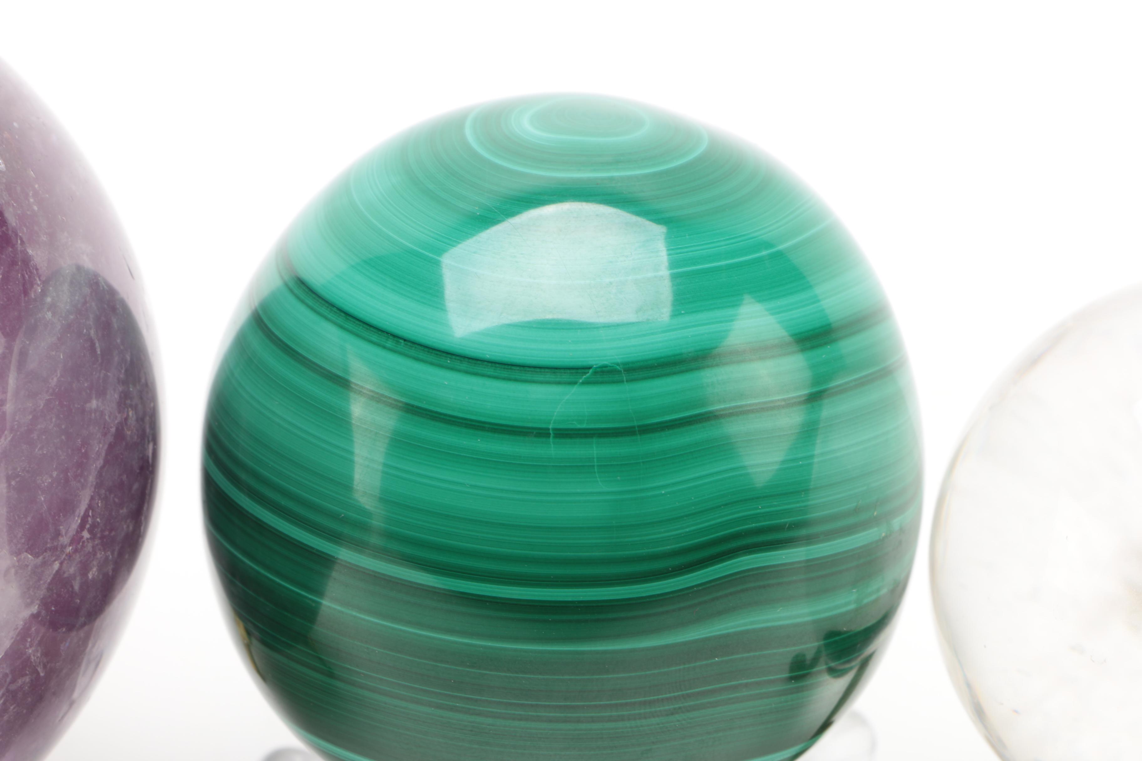 Malachite, Amethyst, and Quartz Spheres and Stands