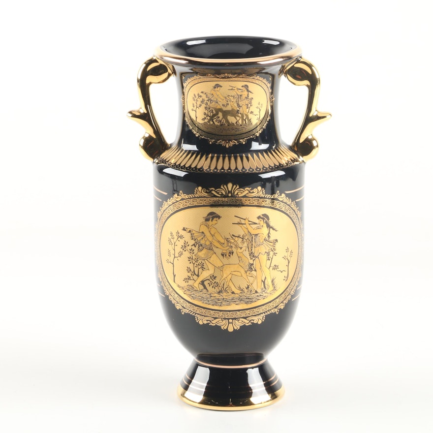 Handmade Grecian Urn Vase with 24K Gold Trim