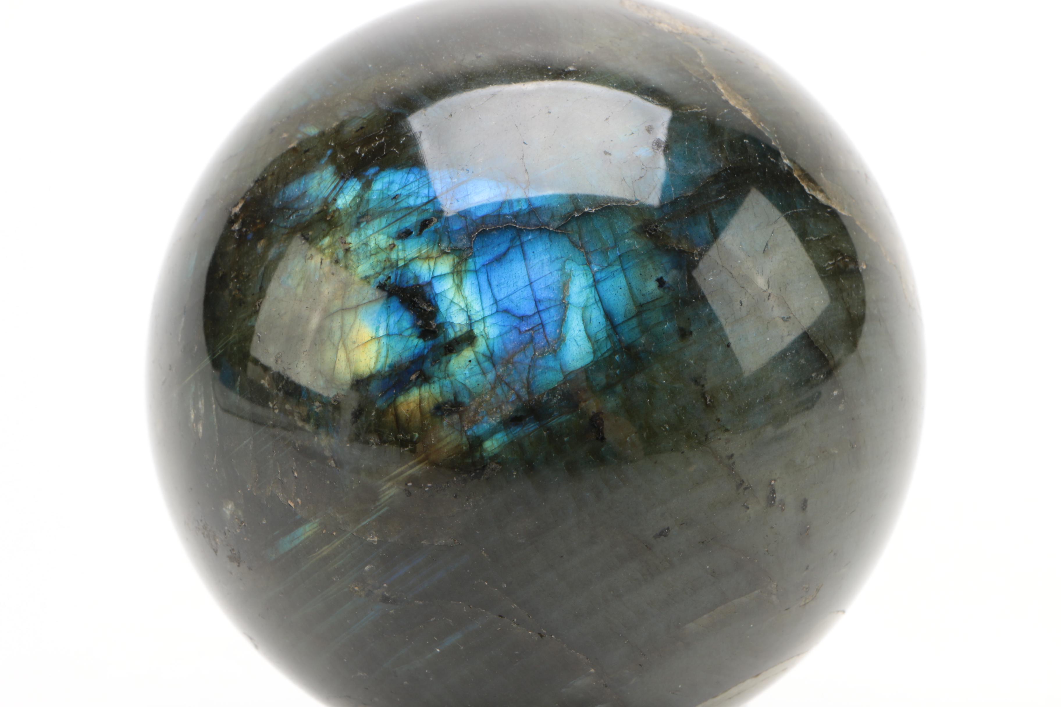 Polished Labradorite, Chatoyant Quartz and Glass Spheres and Stands