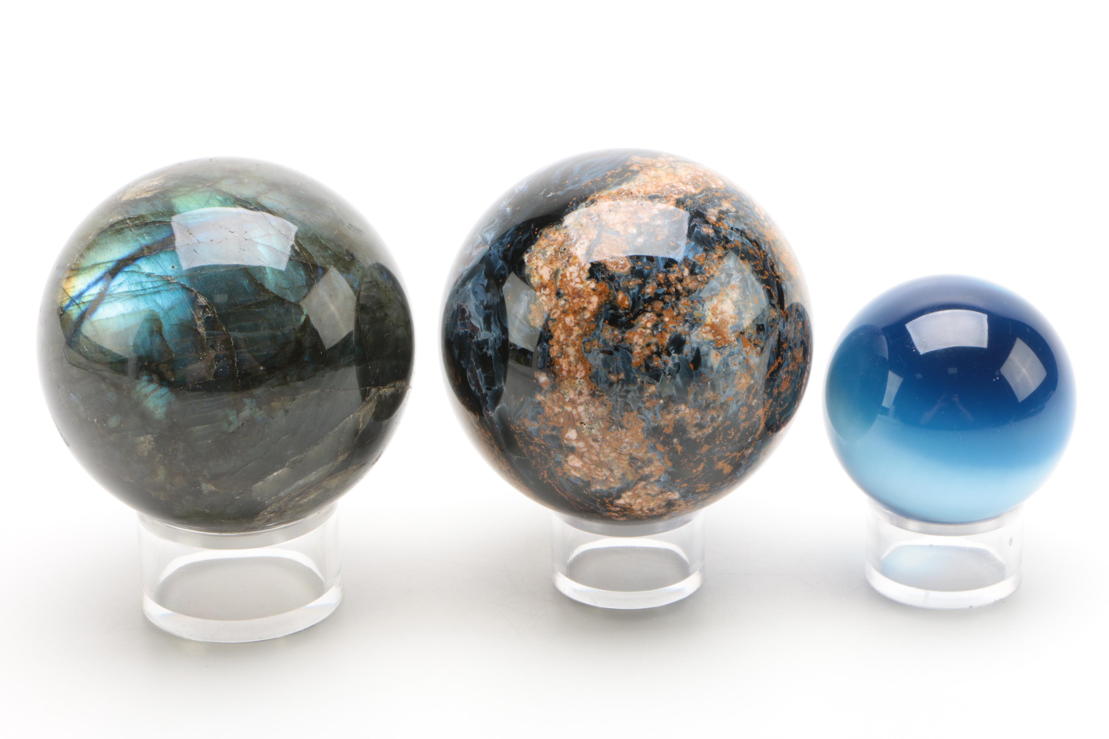 Polished Labradorite, Chatoyant Quartz and Glass Spheres and Stands