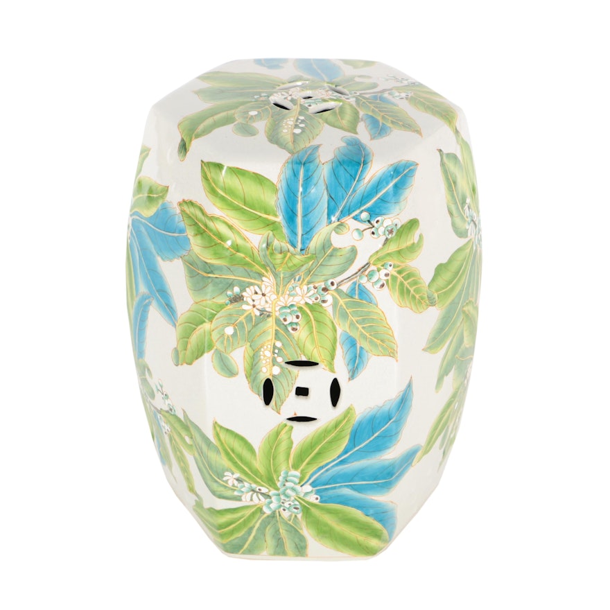 Green and Blue Floral Painted Ceramic Garden Stool by Gump's