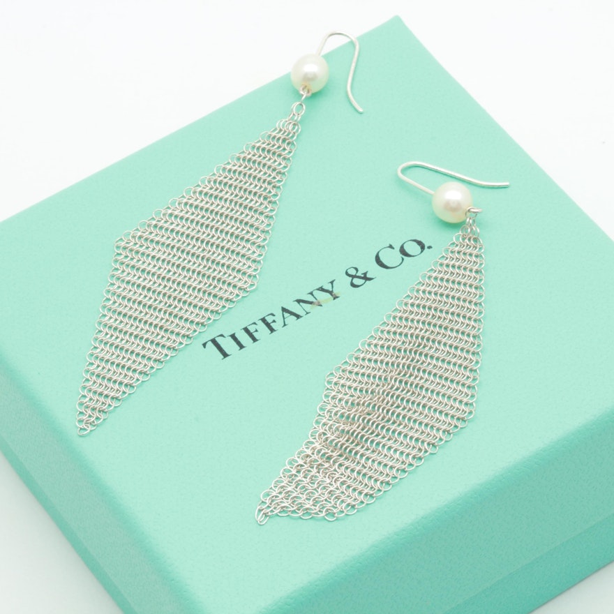 Tiffany & Co. "Mesh Collection" 999 Silver Cultured Pearl Earrings