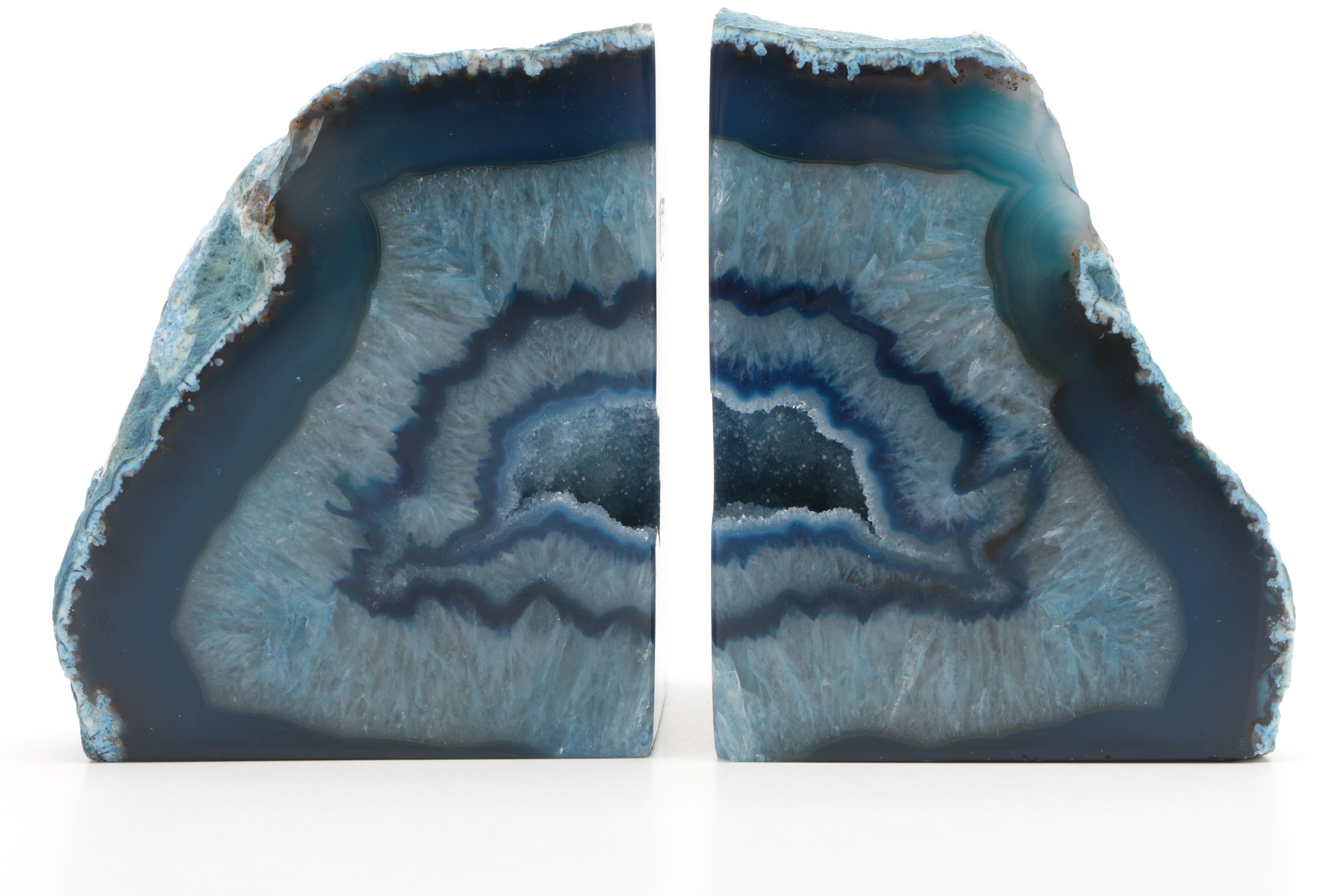 Dyed Agate Geode Bookends and Moss Agate Specimen