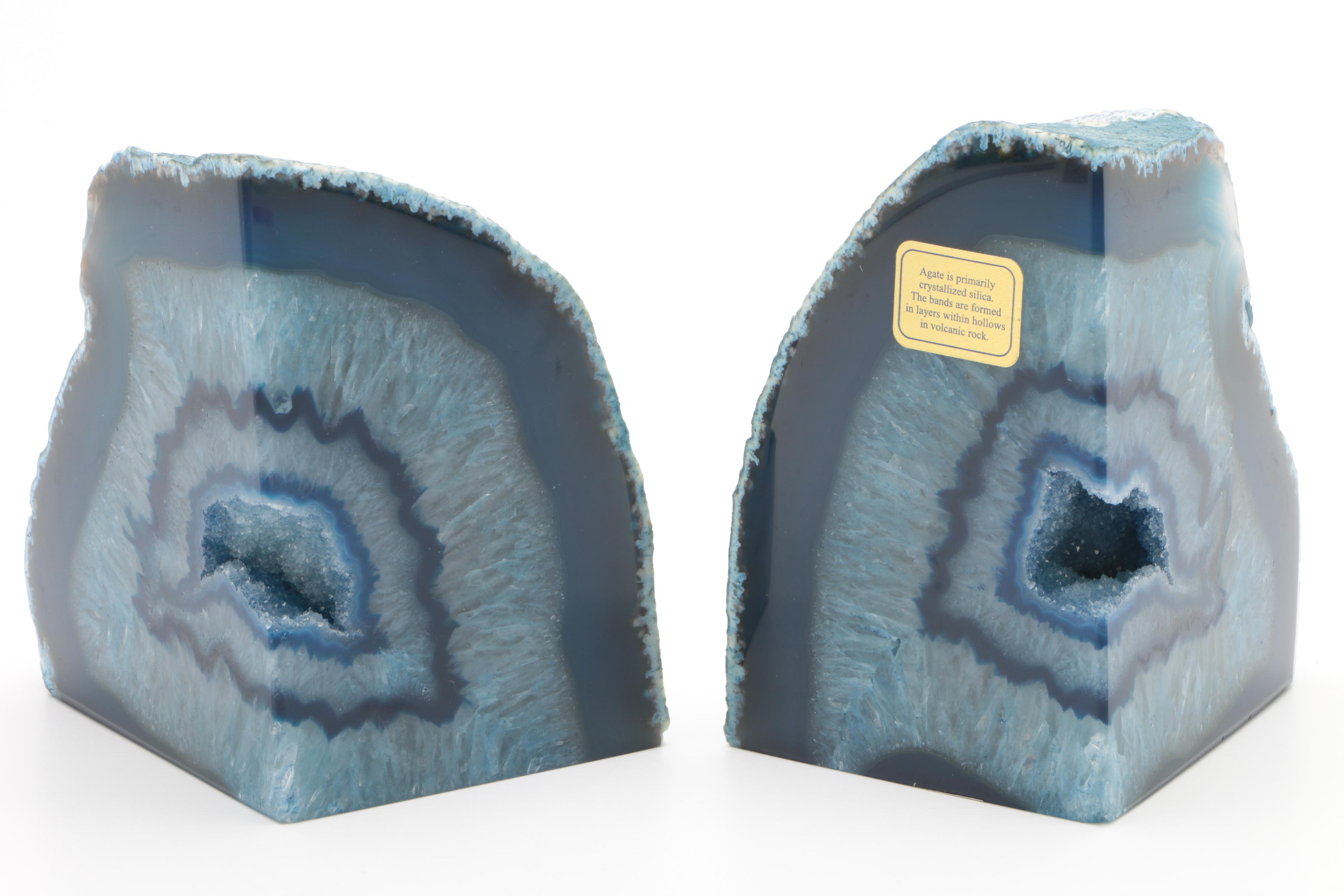 Dyed Agate Geode Bookends and Moss Agate Specimen