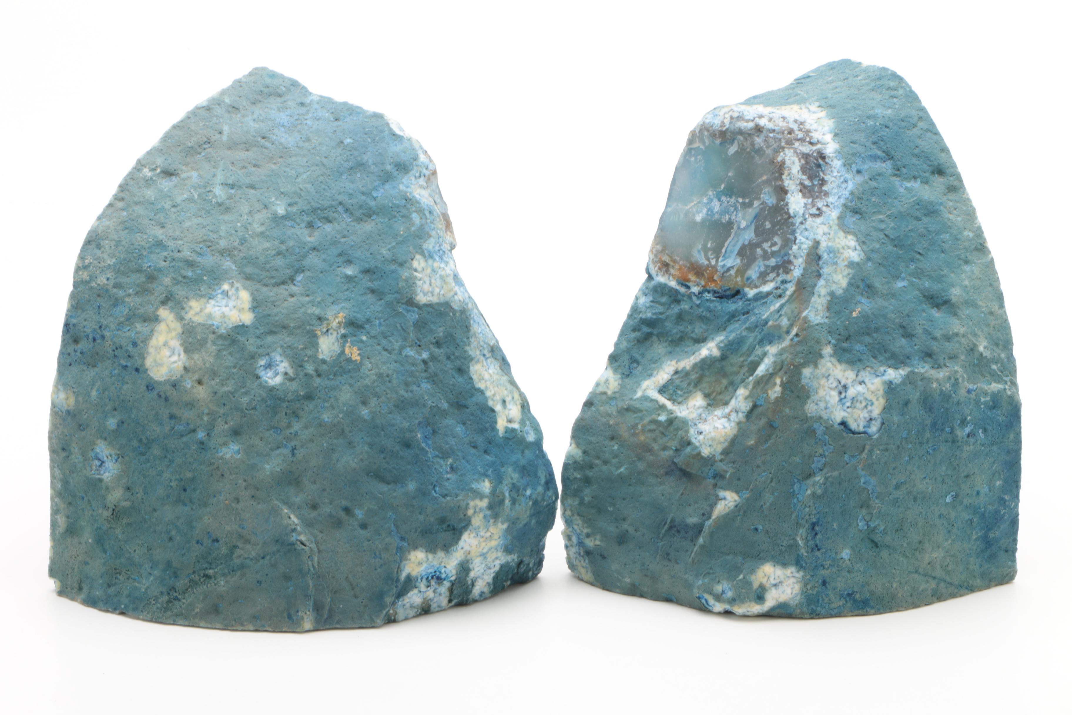 Dyed Agate Geode Bookends and Moss Agate Specimen