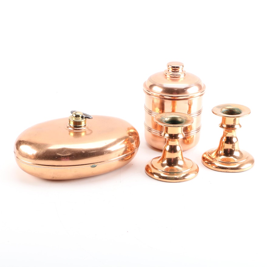 Copper Candlesticks and Lidded Containers