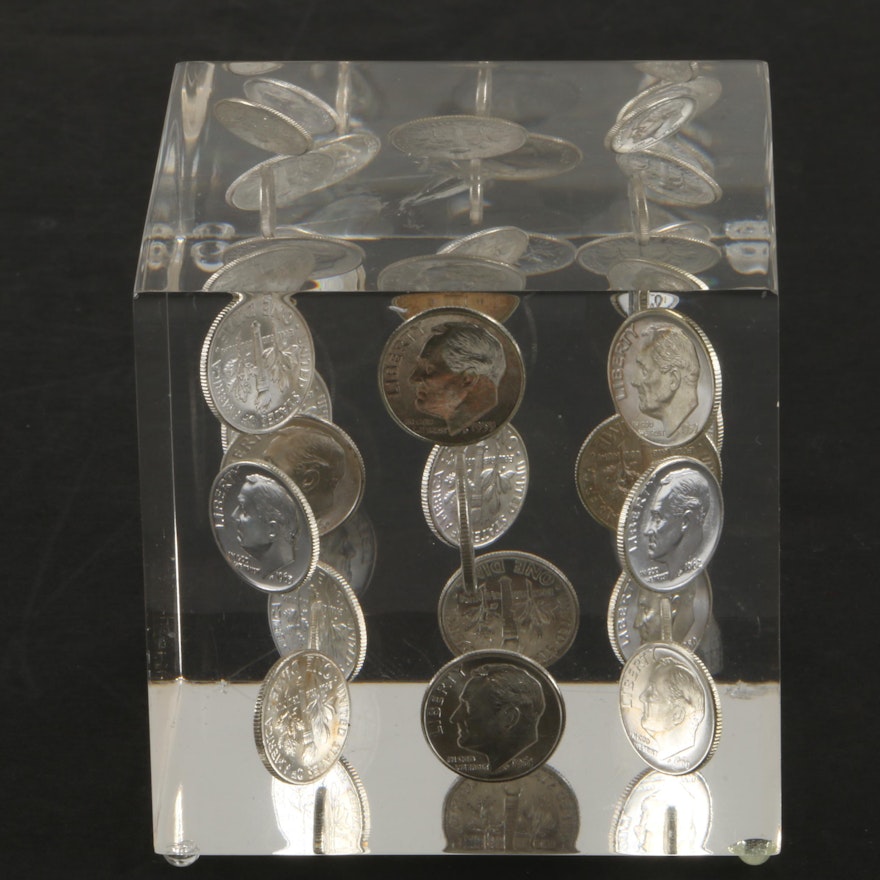 Acrylic Cube Paperweight Encasing Mid-Century Roosevelt Dimes
