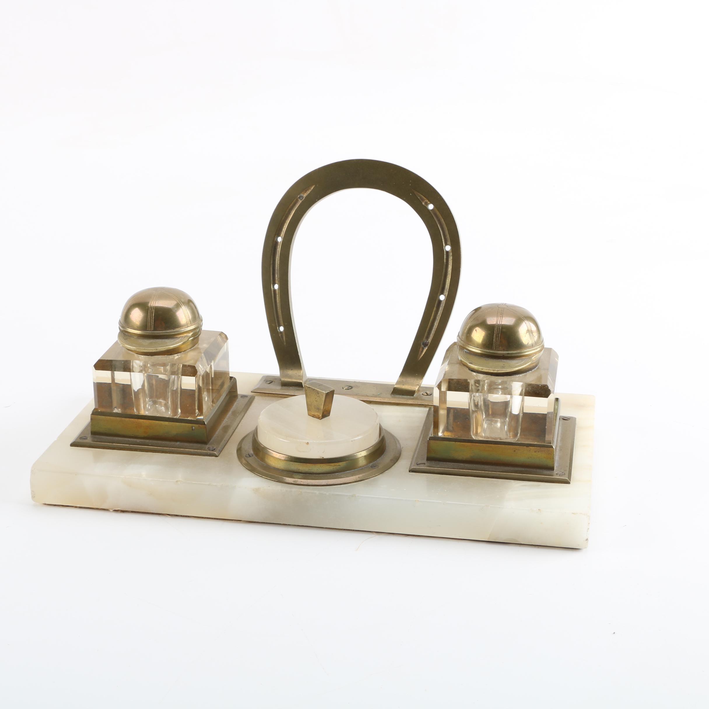 Vintage Equestrian Jockey Motif Banded Calcite and Brass Inkwell