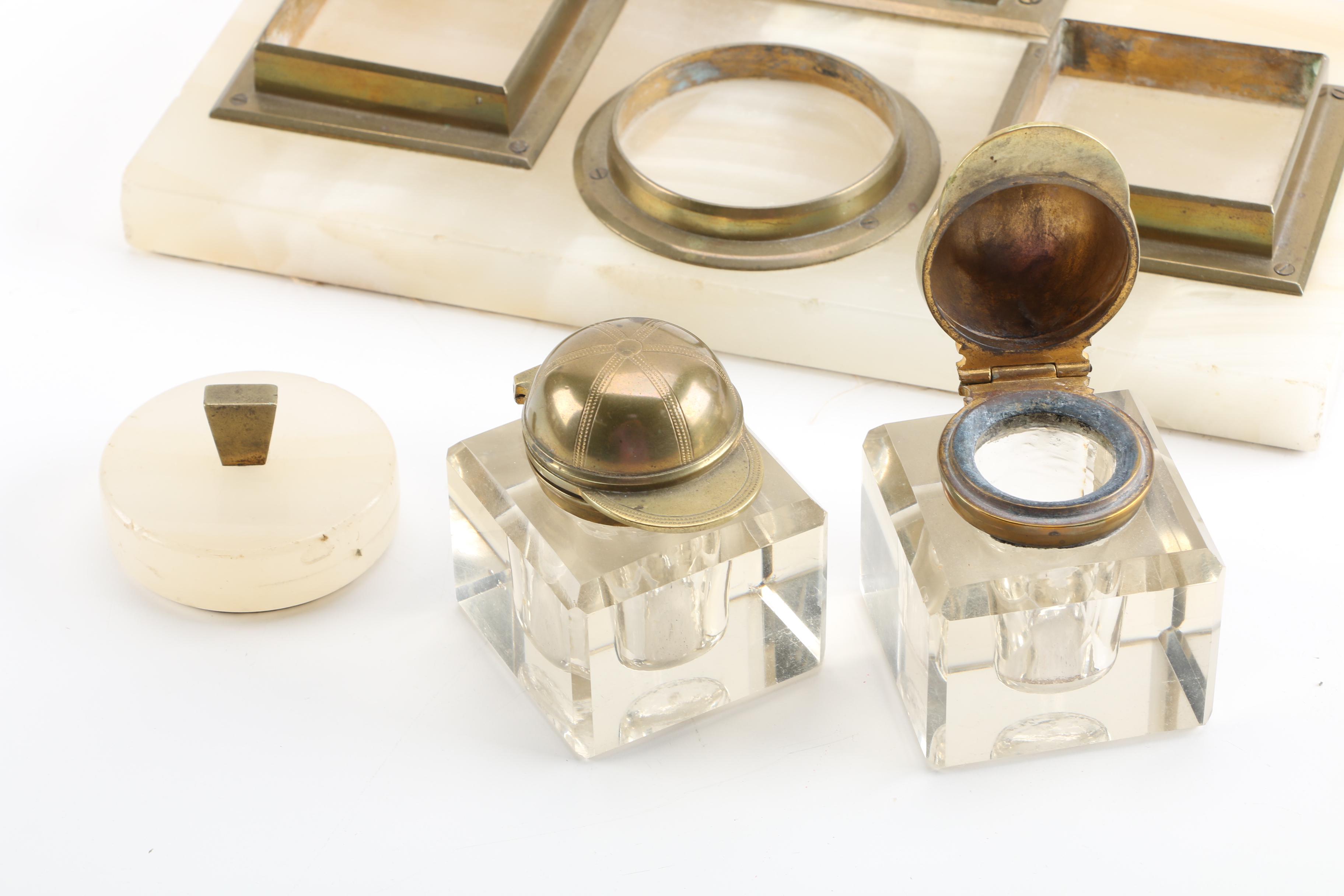 Vintage Equestrian Jockey Motif Banded Calcite and Brass Inkwell