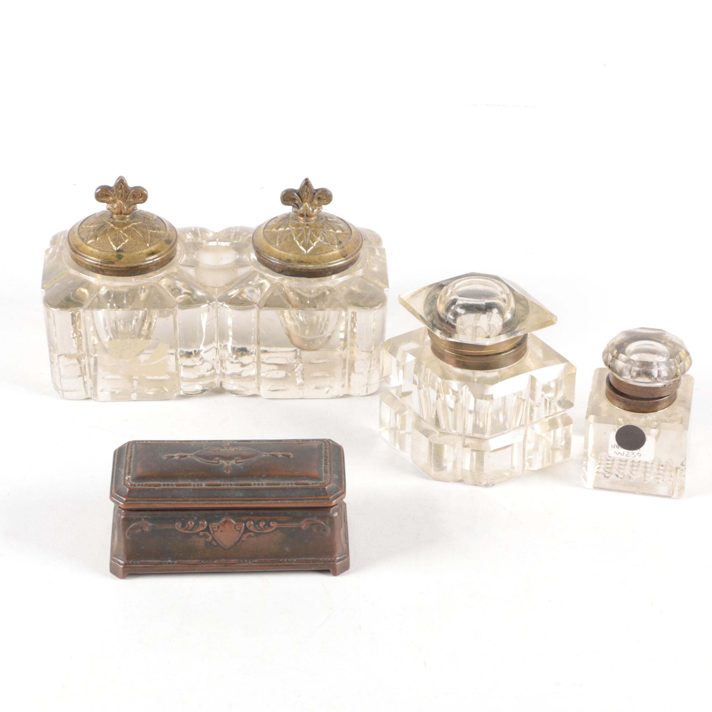 Vintage Crystal Inkwells and Case