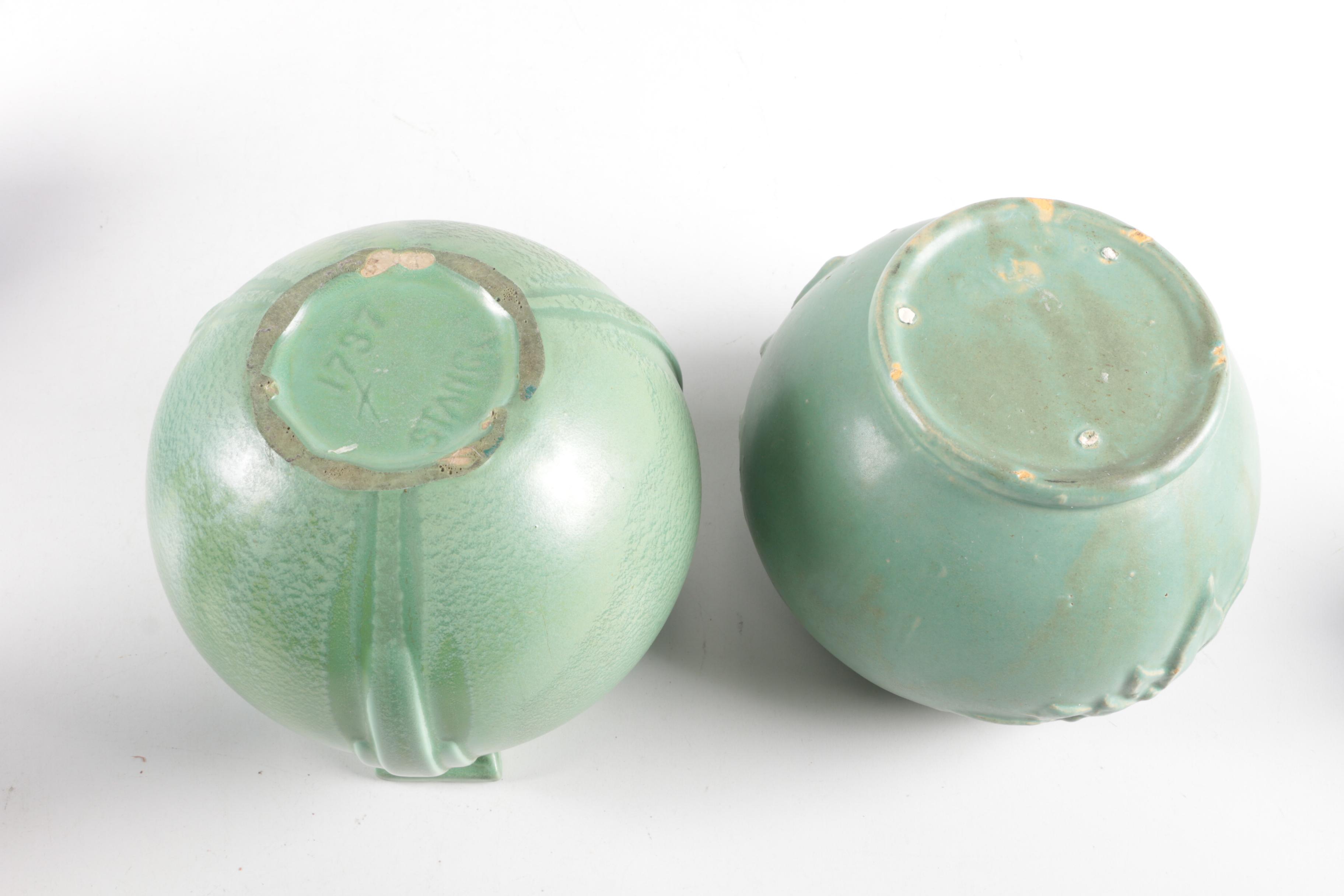 1940s Stangl Pottery Rose Bowl with McCoy "Leaves and Berries" Rose Bowl