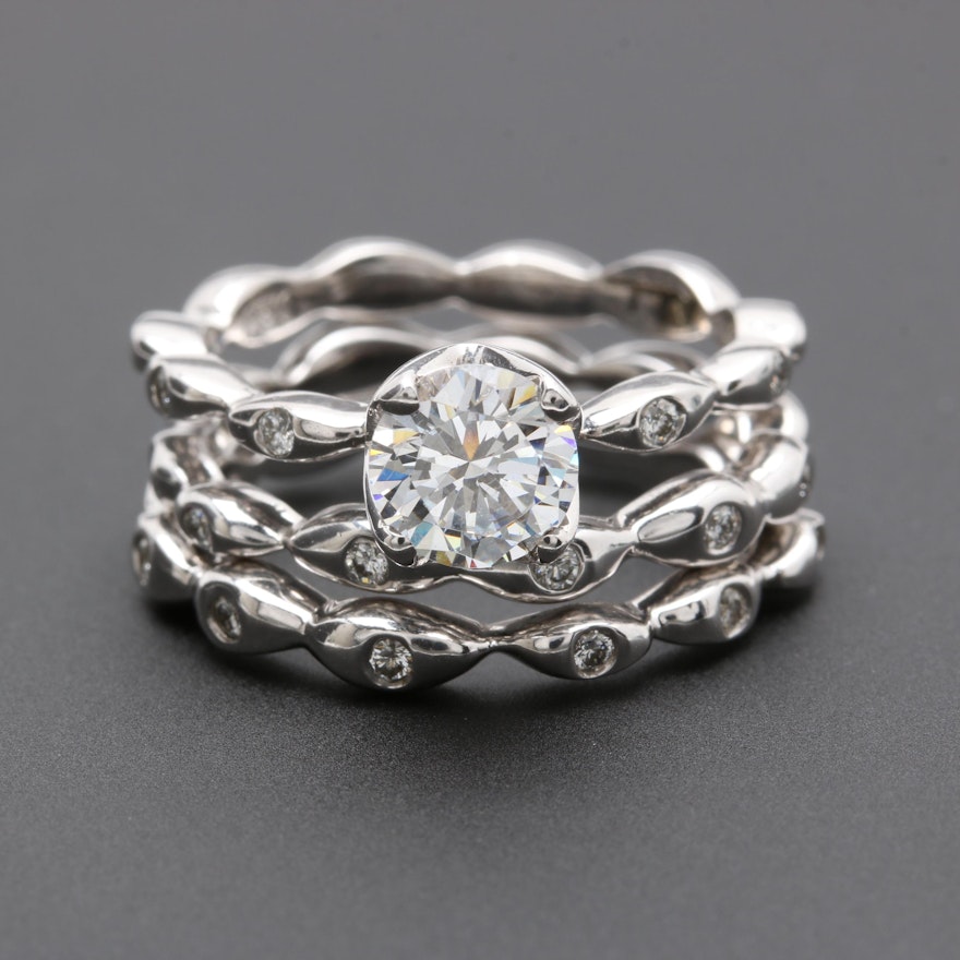 18K White Gold Cubic Zirconia and Diamond Wedding Ring Set
