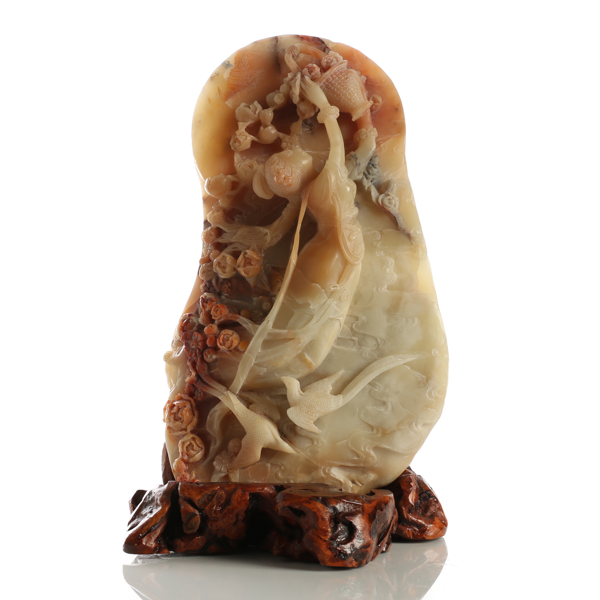 Chinese Bas Relief Carved Calcite Sculpture With Wood Base