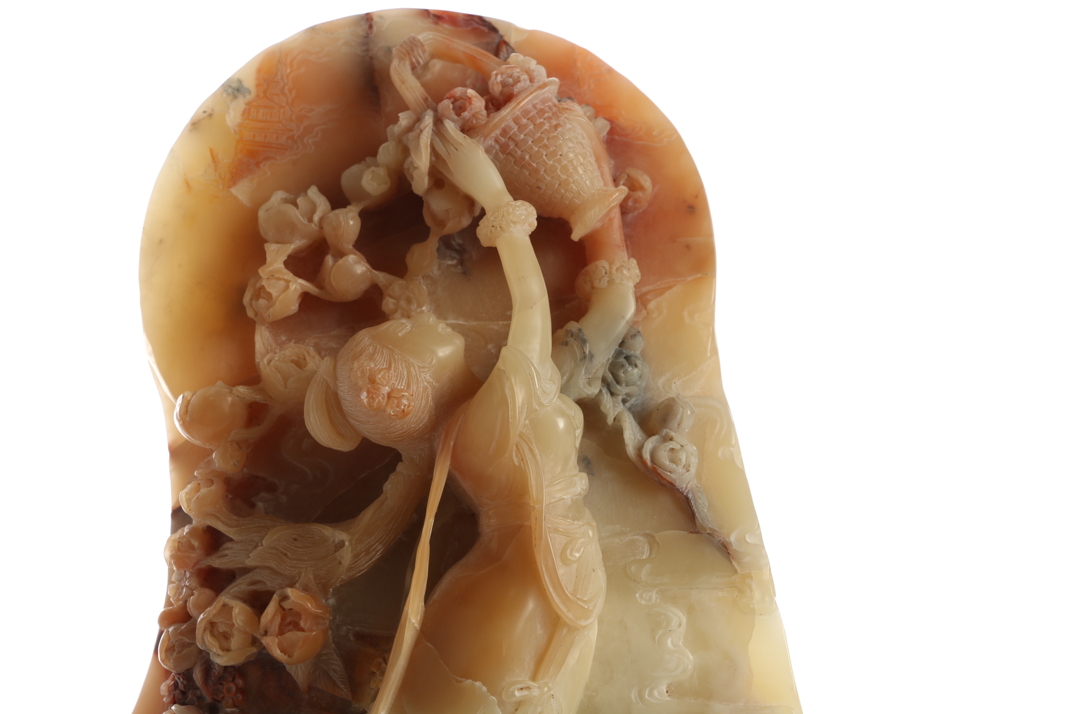 Chinese Bas Relief Carved Calcite Sculpture With Wood Base