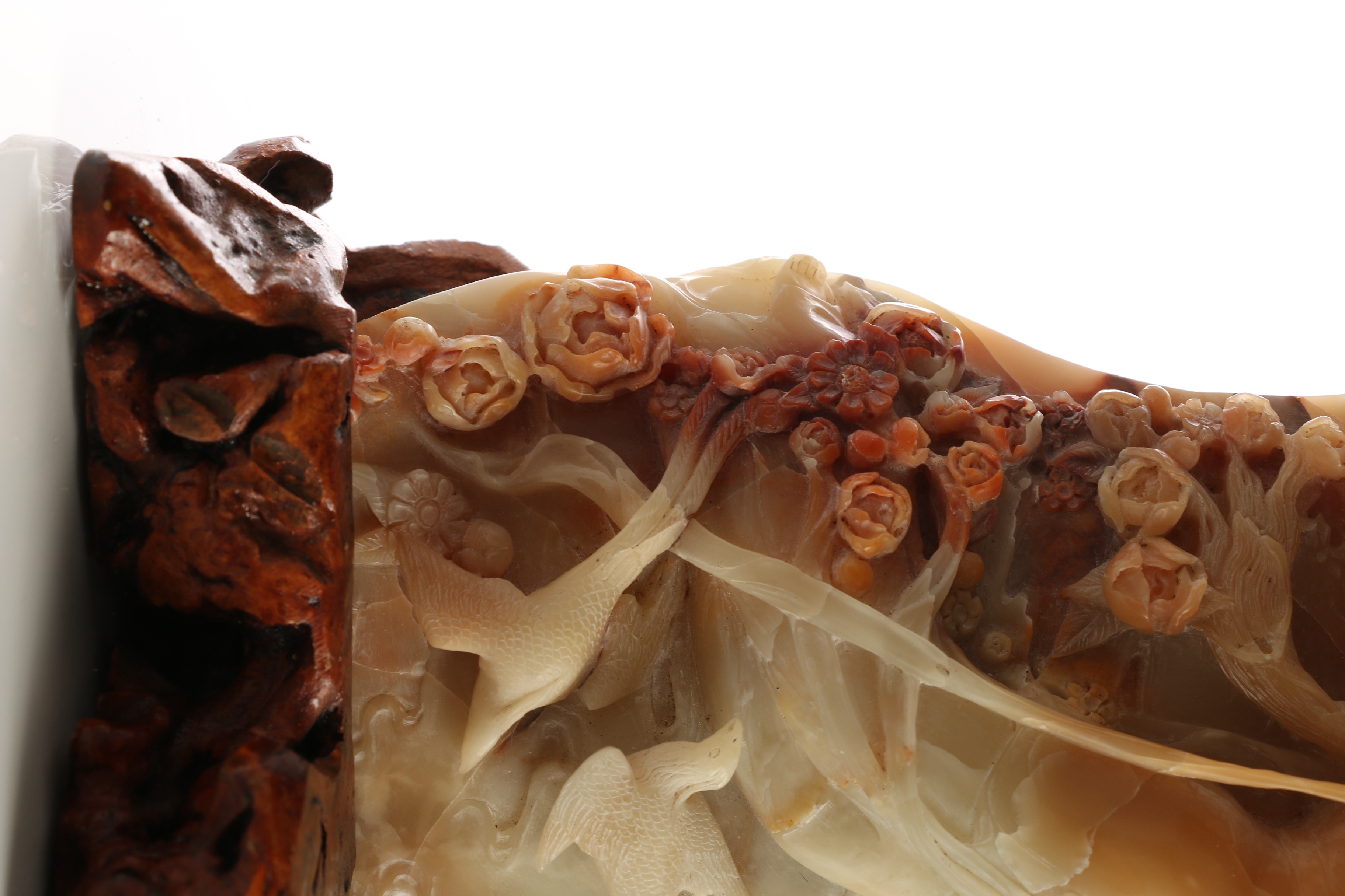 Chinese Bas Relief Carved Calcite Sculpture With Wood Base