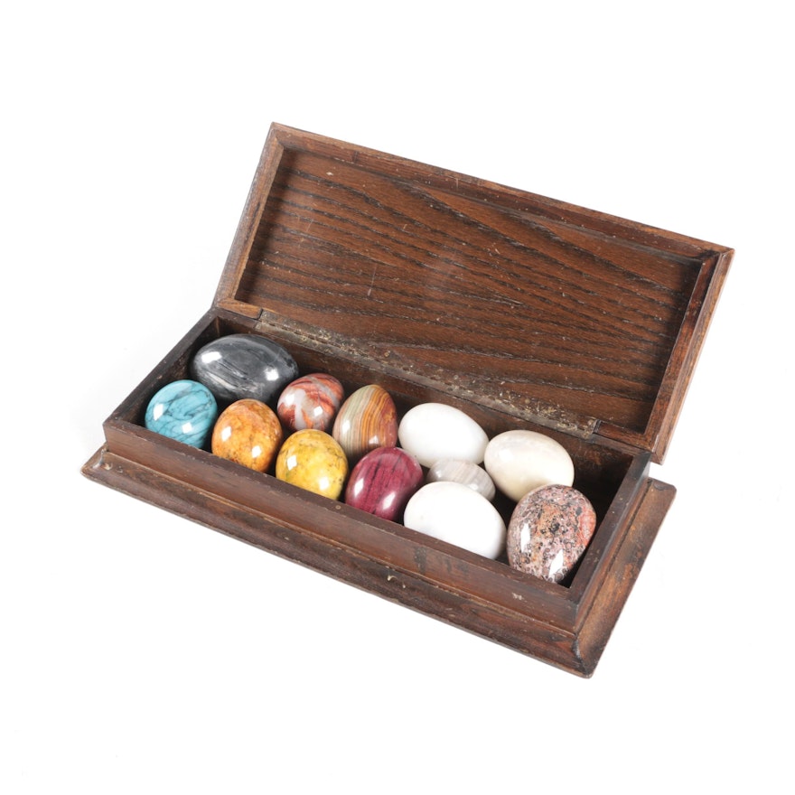 Polished Mineral Eggs With Oak and Wicker Box