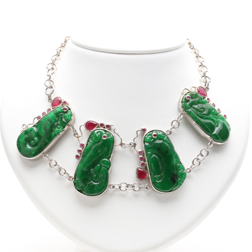 Sterling Silver Jadeite and Synthetic Ruby Nekclace