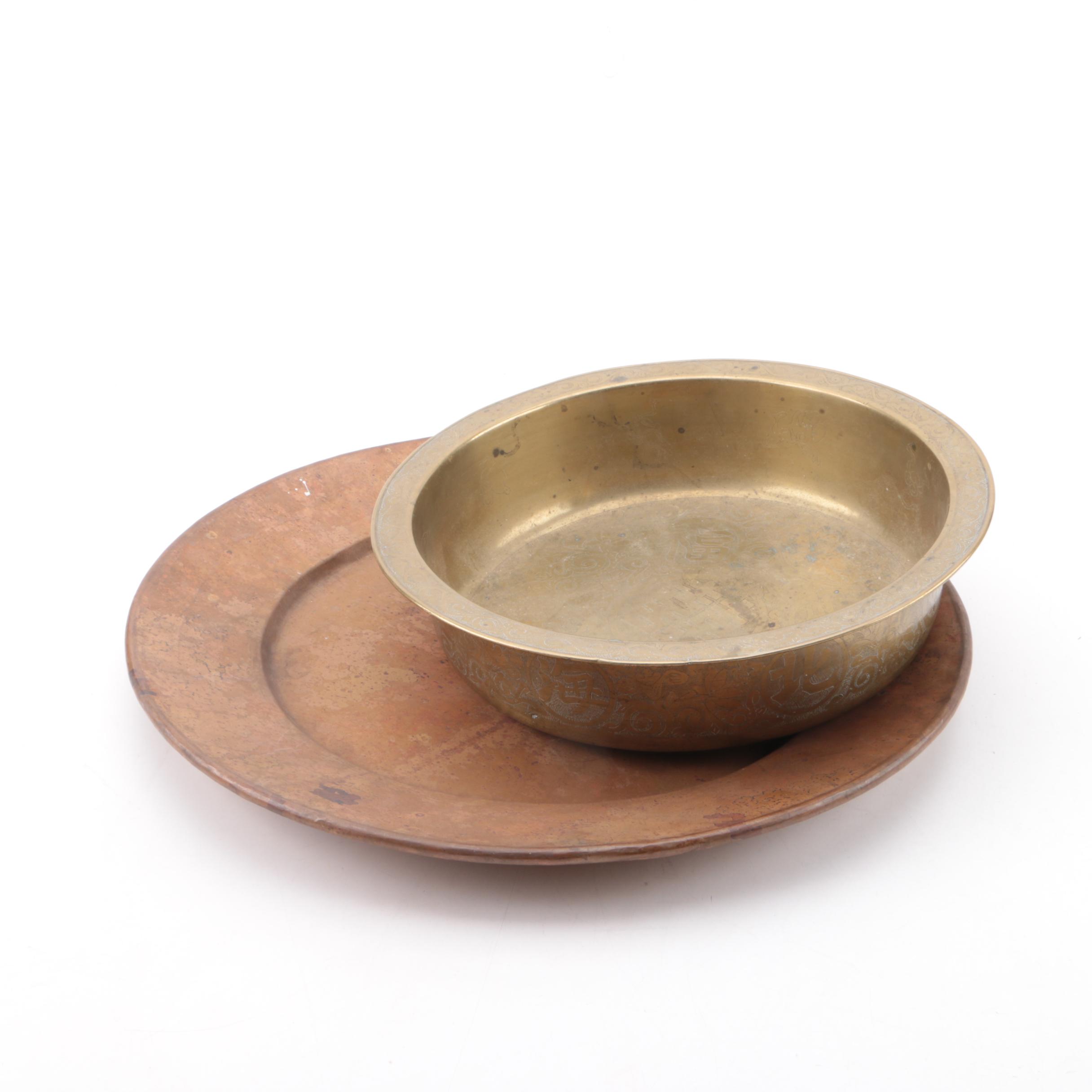Antique Chinese Brass Bowl and Large Copper Plate
