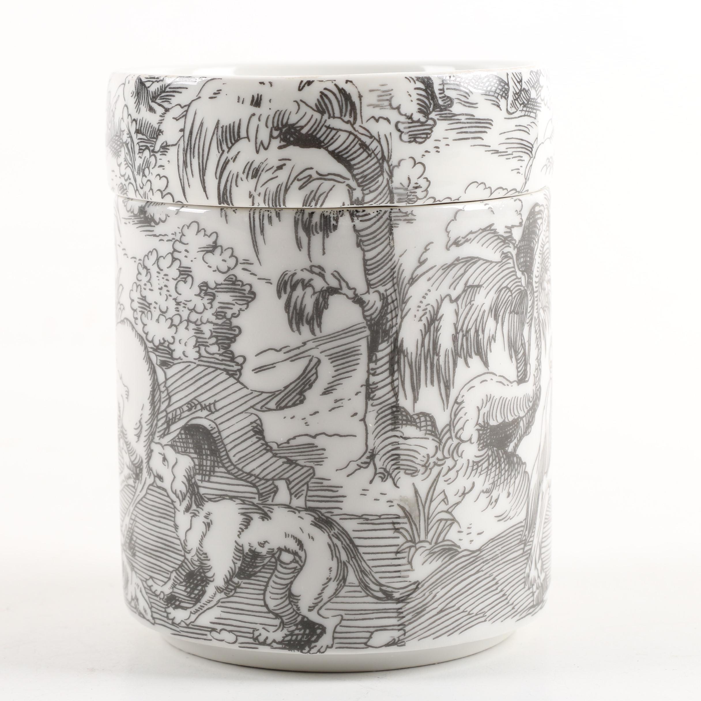 Calaryce Spanish Porcelain Jar Featuring Hunting Motif