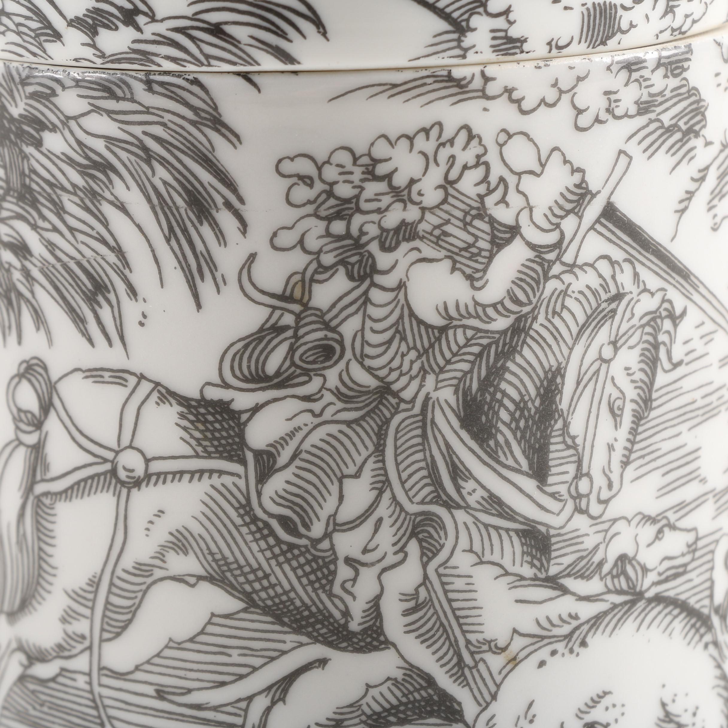 Calaryce Spanish Porcelain Jar Featuring Hunting Motif