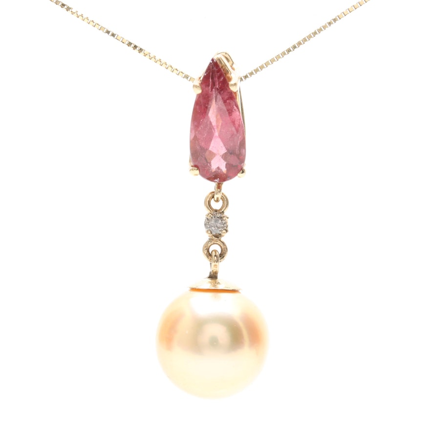 14K Yellow Gold Cultured Pearl, Pink Tourmaline and Diamond Necklace