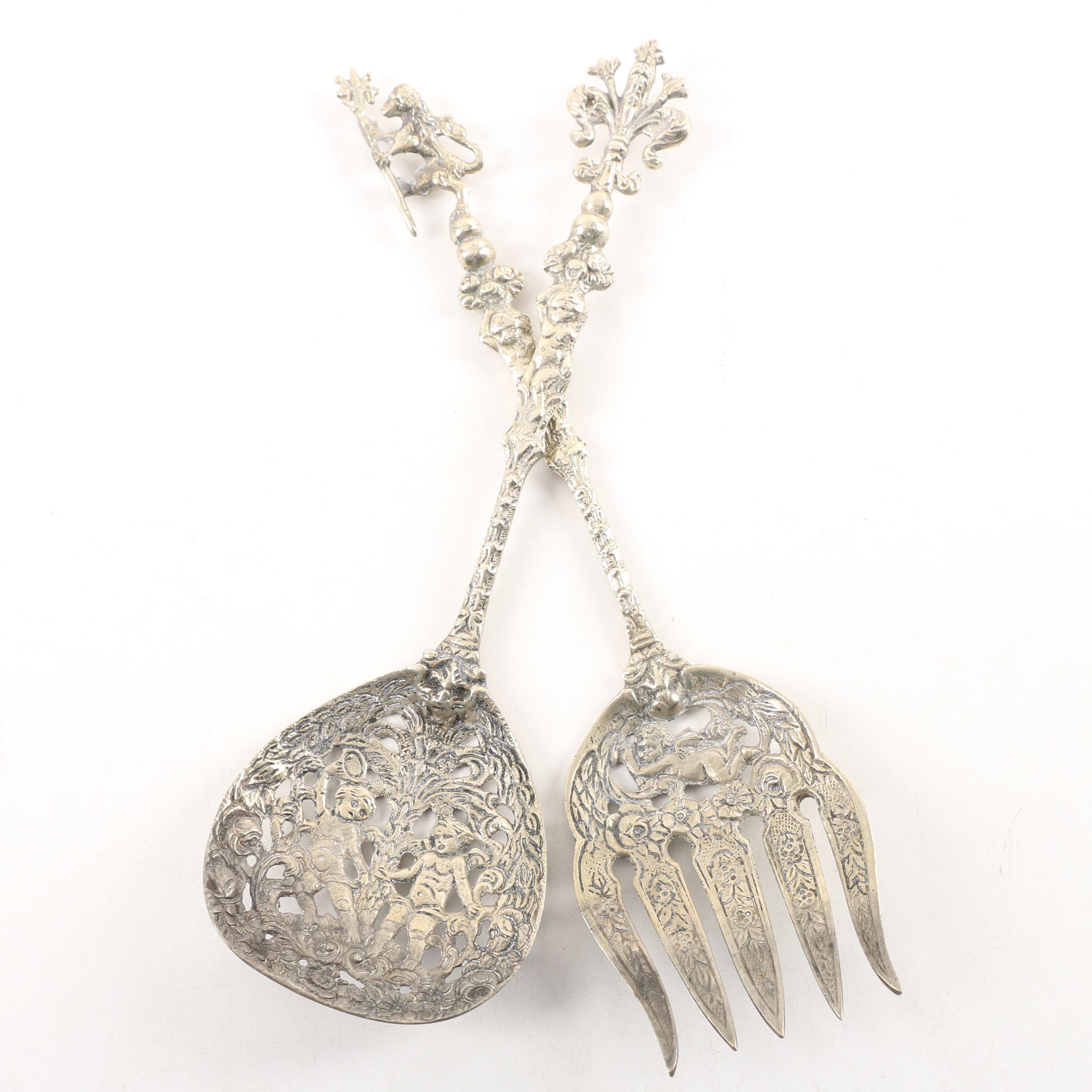 Baroque Style Pierced Metal Salad Serving Utensils