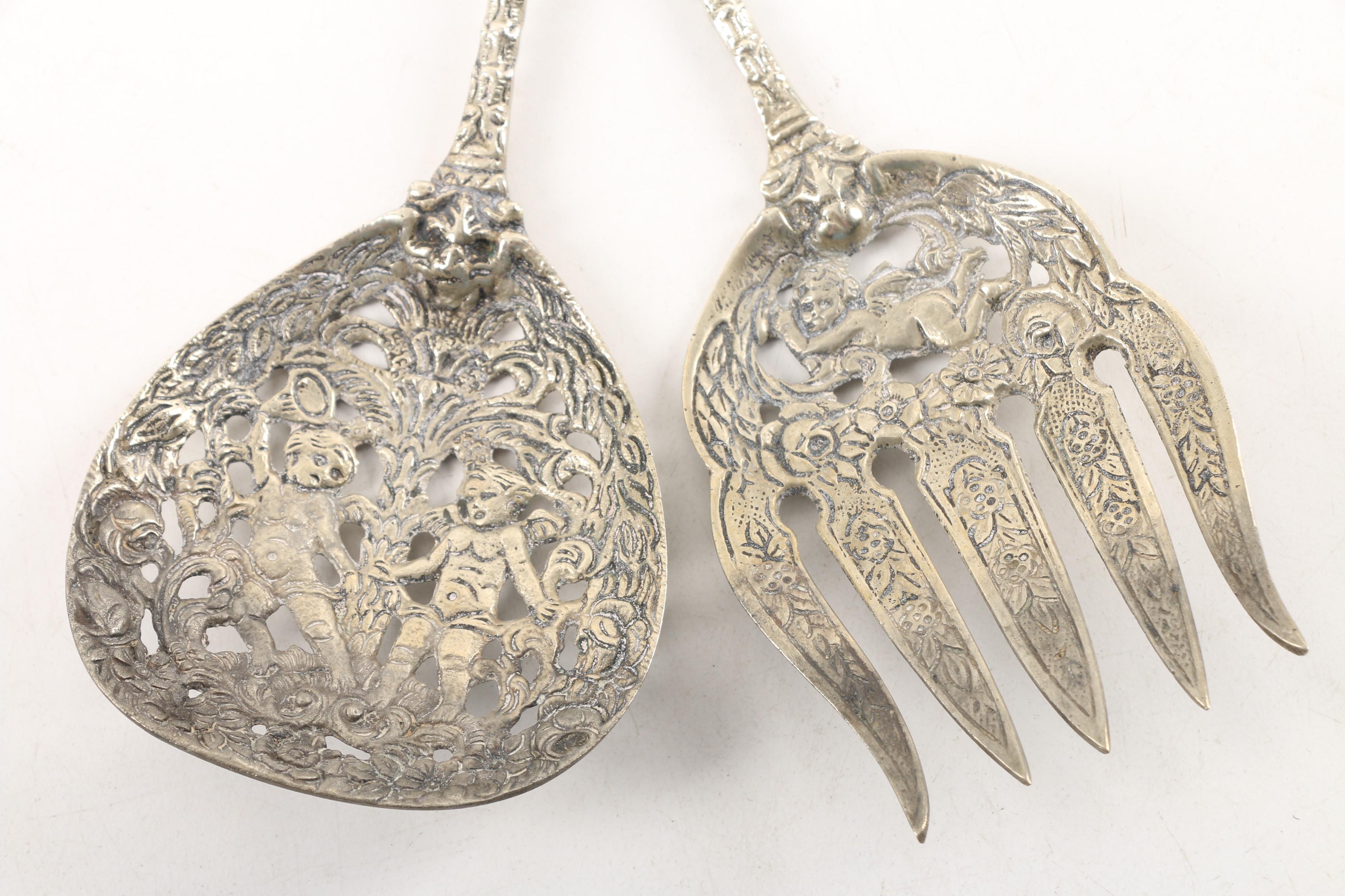 Baroque Style Pierced Metal Salad Serving Utensils