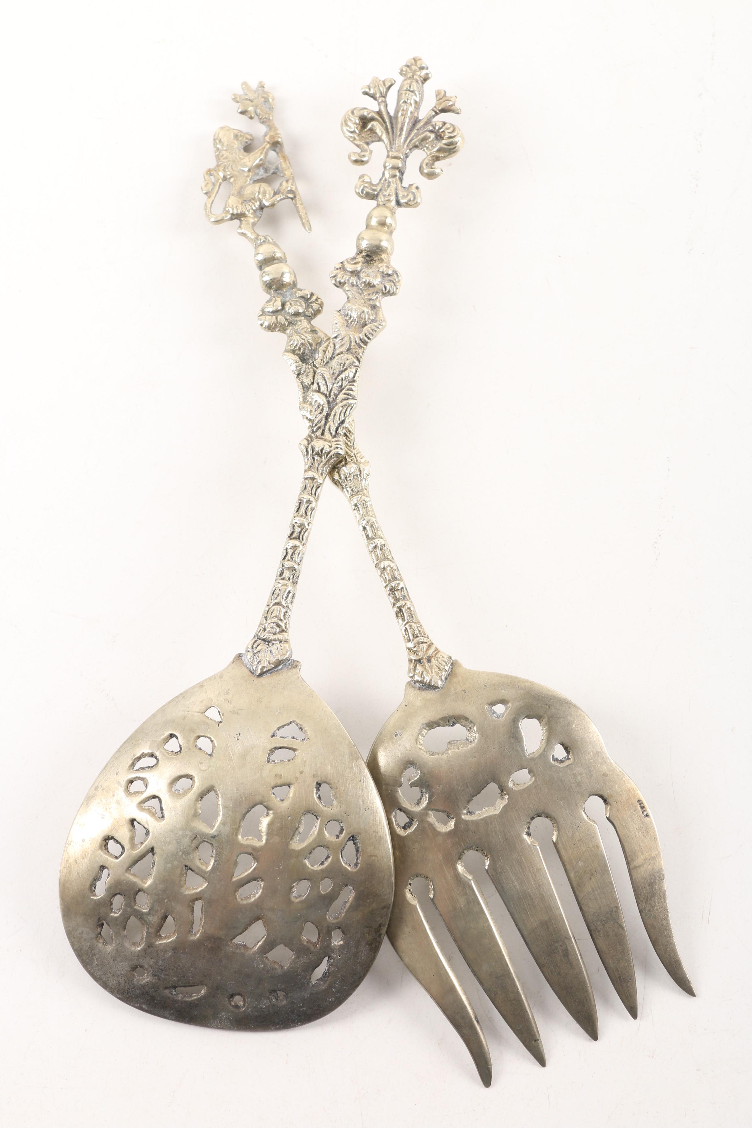 Baroque Style Pierced Metal Salad Serving Utensils
