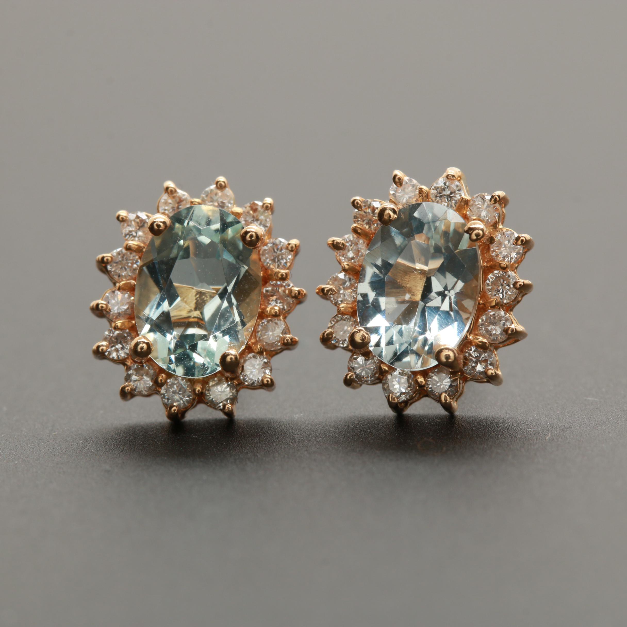 14K Yellow Gold Aquamarine and Diamond Earrings