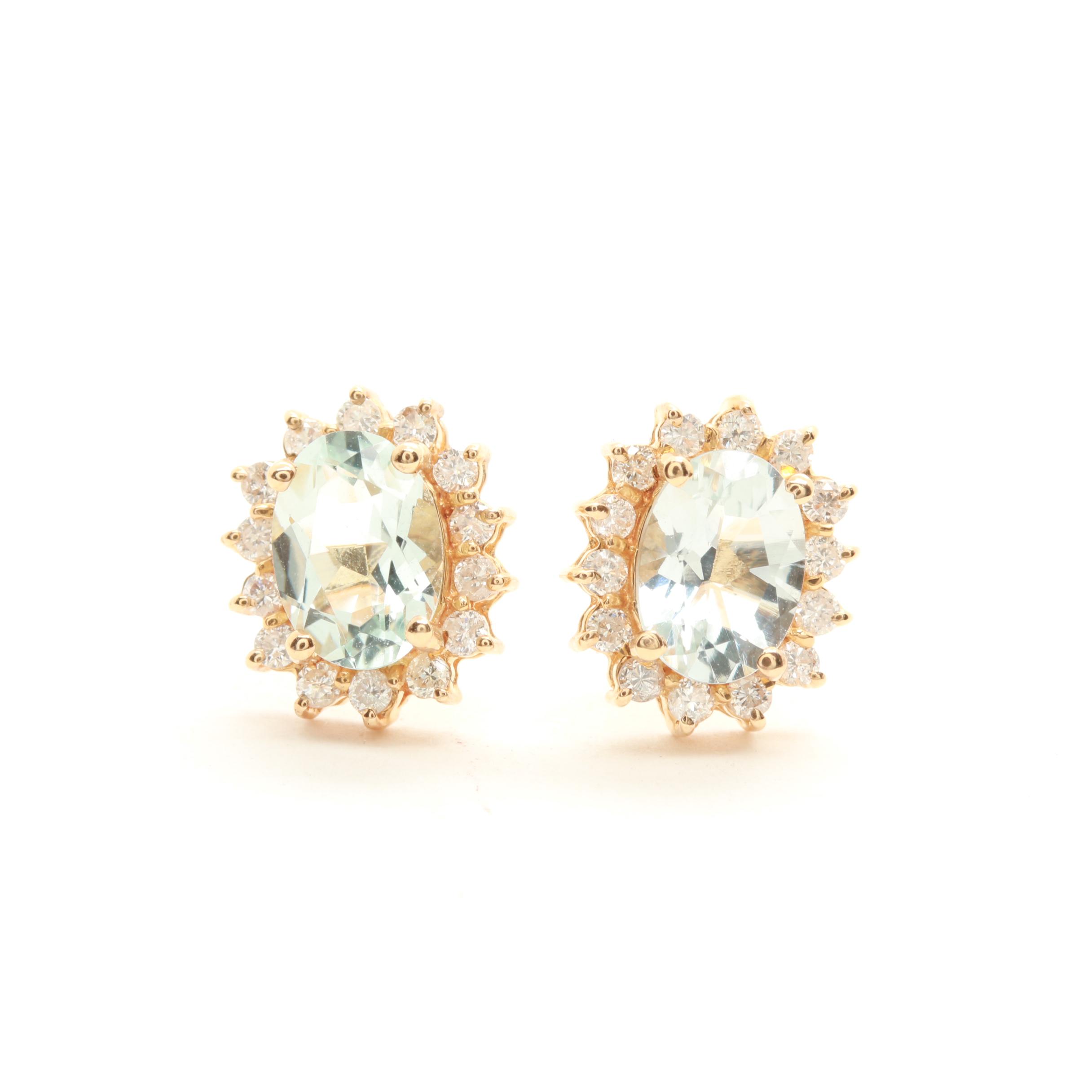 14K Yellow Gold Aquamarine and Diamond Earrings