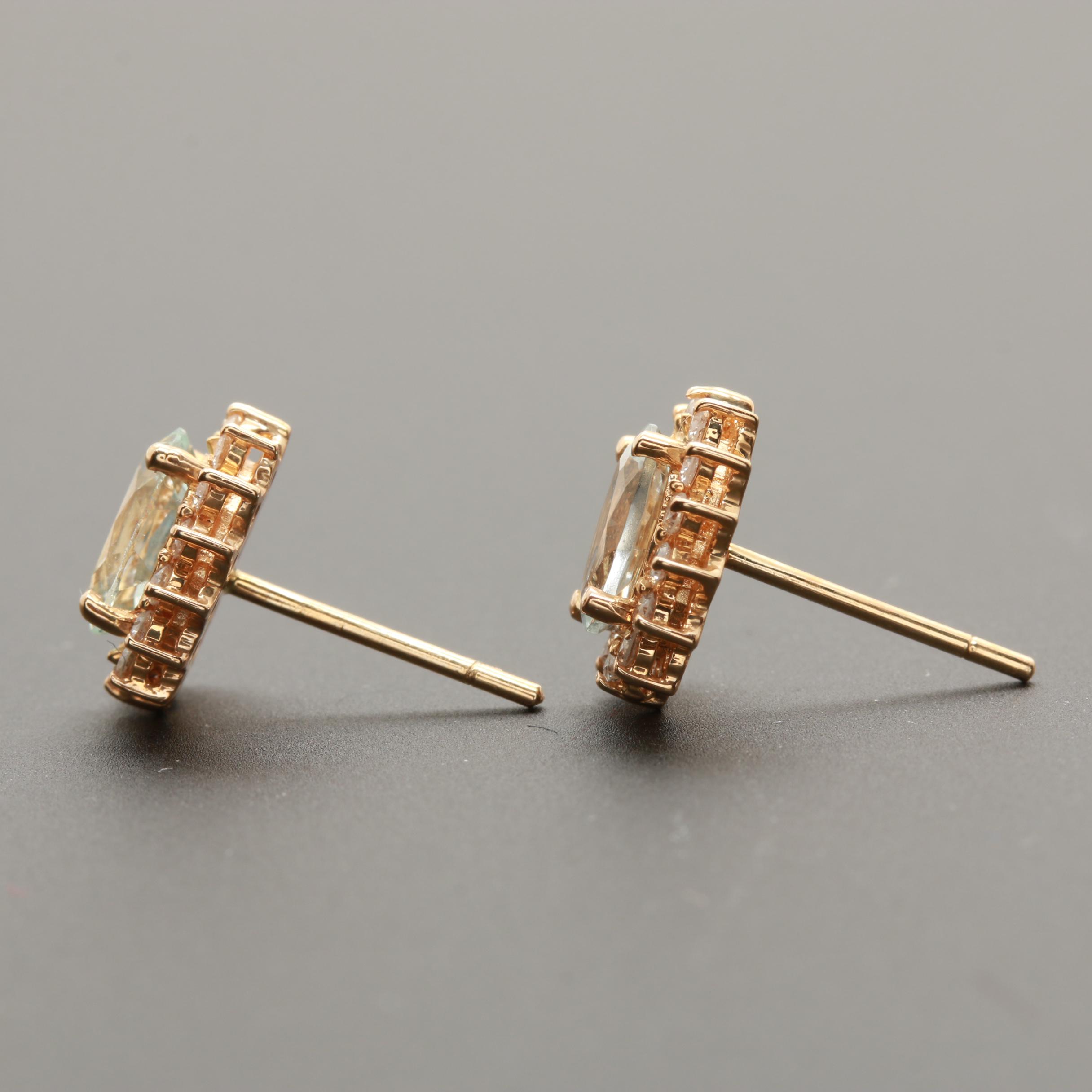 14K Yellow Gold Aquamarine and Diamond Earrings