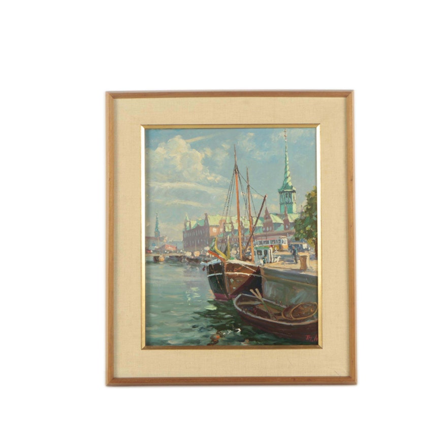 Oil Painting of Ships in a Harbor