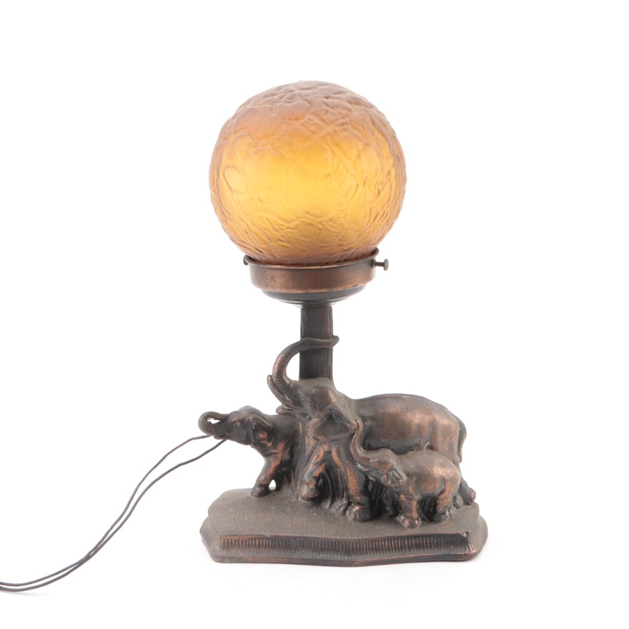 Circa 1930 Cast Metal Elephant Lamp with Amber "Brain" Crackle Ball Globe
